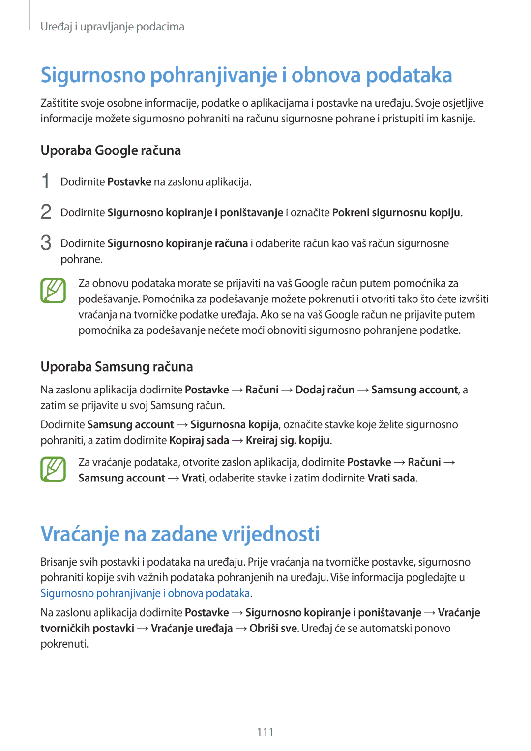 Samsung SM-A500FZKUSEE Sigurnosno pohranjivanje i obnova podataka, Vraćanje na zadane vrijednosti, Uporaba Google računa 