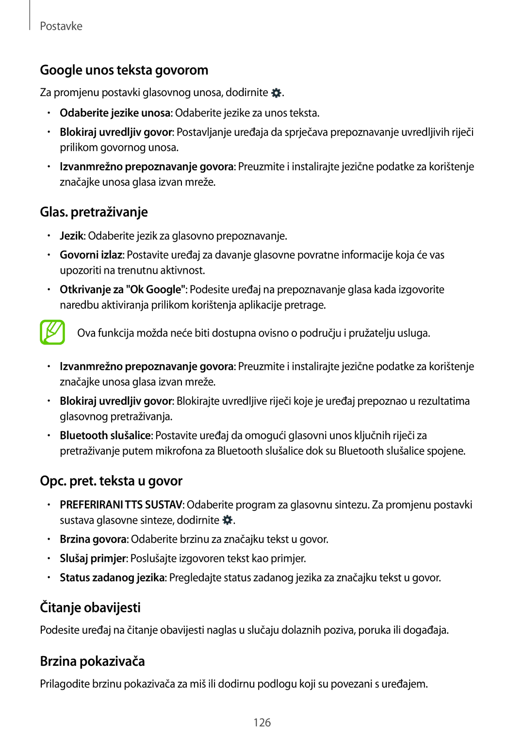 Samsung SM-A500FZWUSEE Google unos teksta govorom, Glas. pretraživanje, Opc. pret. teksta u govor, Čitanje obavijesti 