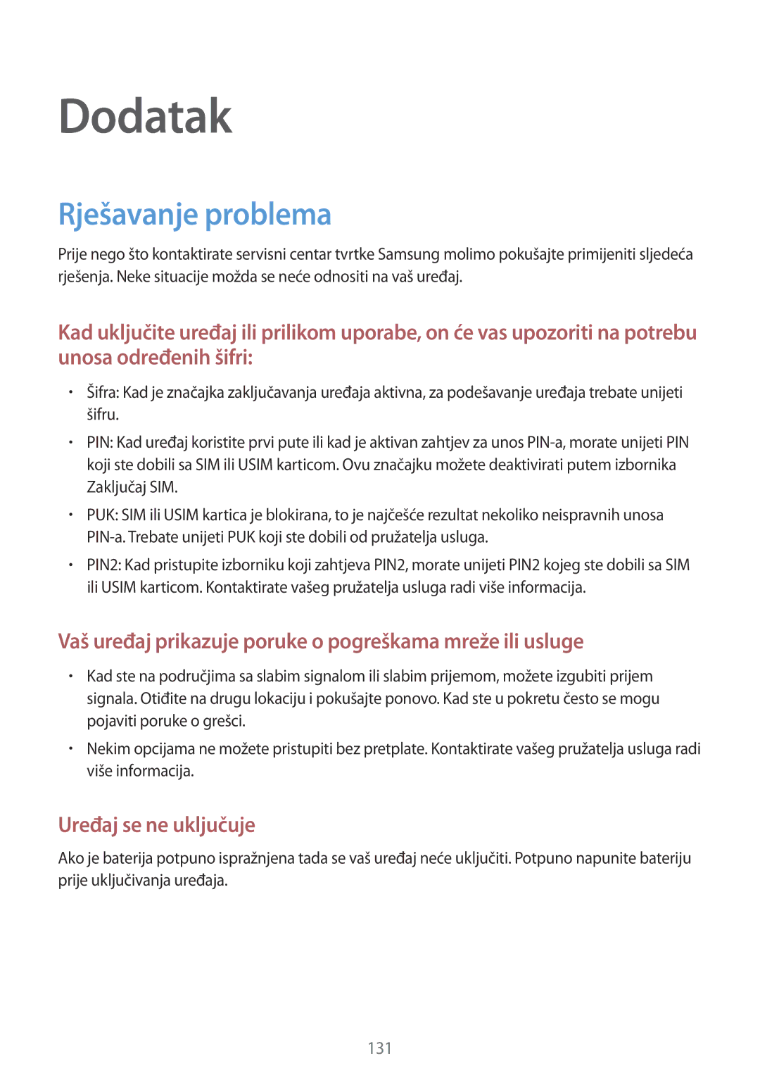 Samsung SM-A500FZDUSEE, SM2A500FZWUVIP, SM-A500FZKUDHR, SM-A500FZWUTWO, SM-A500FZKUVIP manual Dodatak, Rješavanje problema 