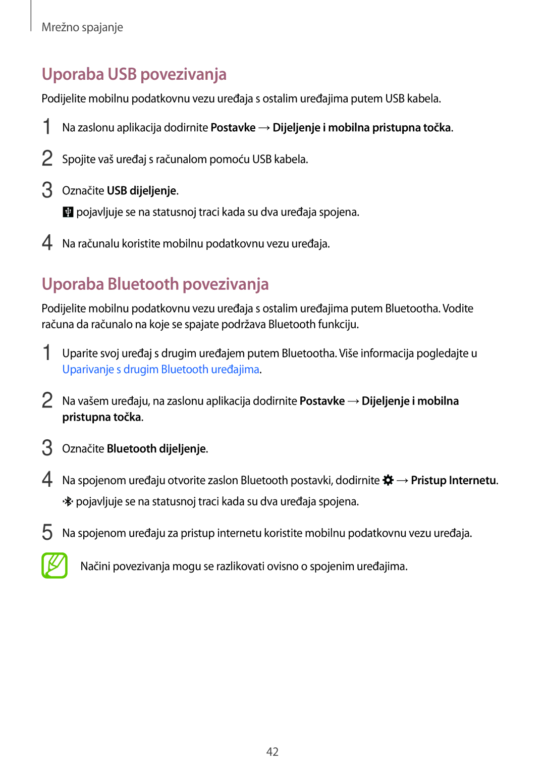 Samsung SM-A500FZWUTWO Uporaba USB povezivanja, Uporaba Bluetooth povezivanja, Označite USB dijeljenje, Pristupna točka 