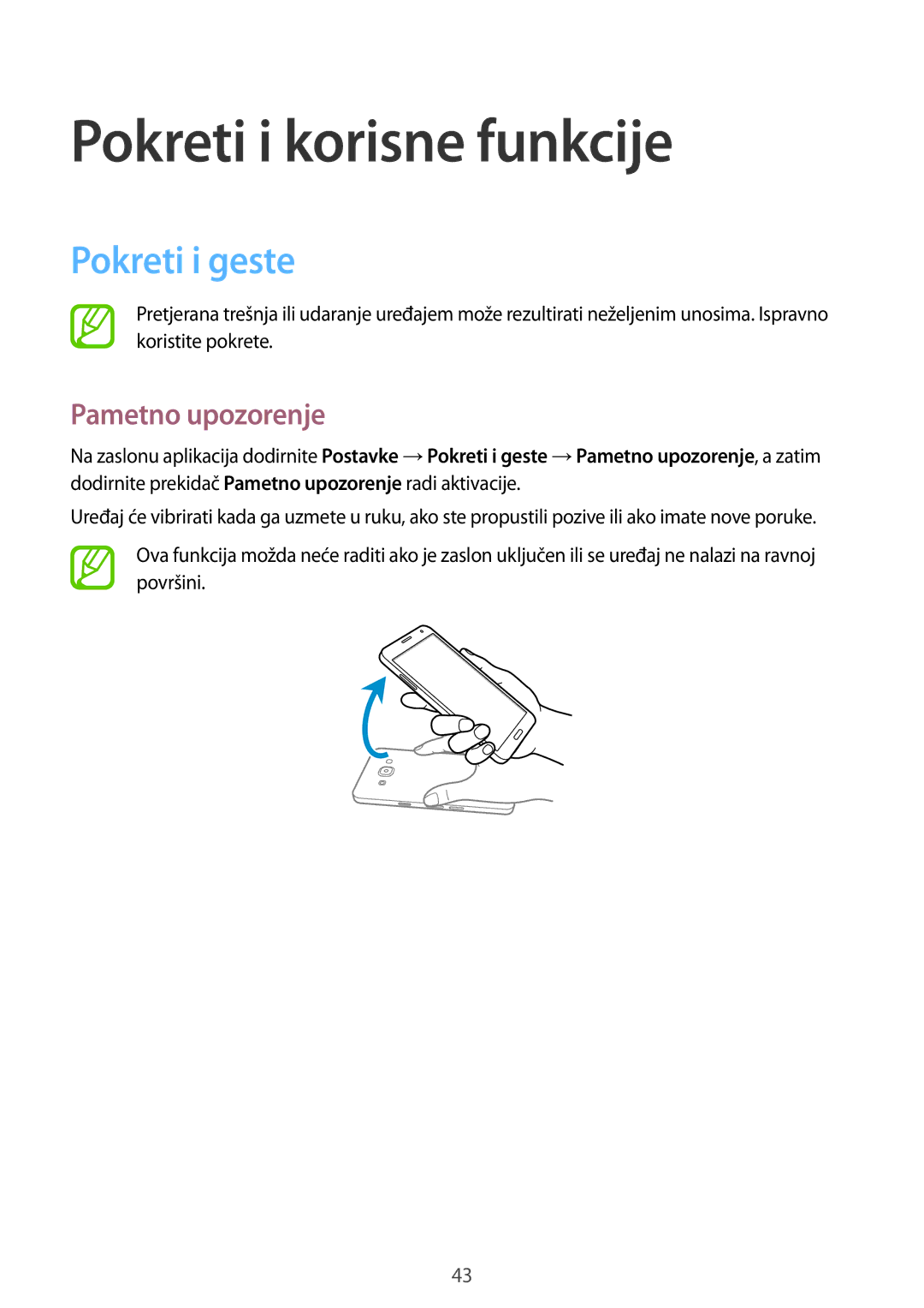 Samsung SM-A500FZKUVIP, SM2A500FZWUVIP, SM-A500FZDUSEE manual Pokreti i korisne funkcije, Pokreti i geste, Pametno upozorenje 