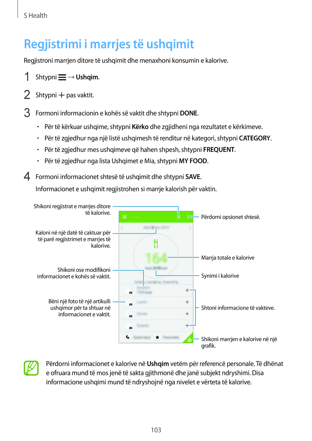 Samsung SM-G900FZWASEE, SM2G900FZKAMSR, SM2G900FZKATSR, SM-G900FZDAAVF manual Regjistrimi i marrjes të ushqimit, Kalorive 