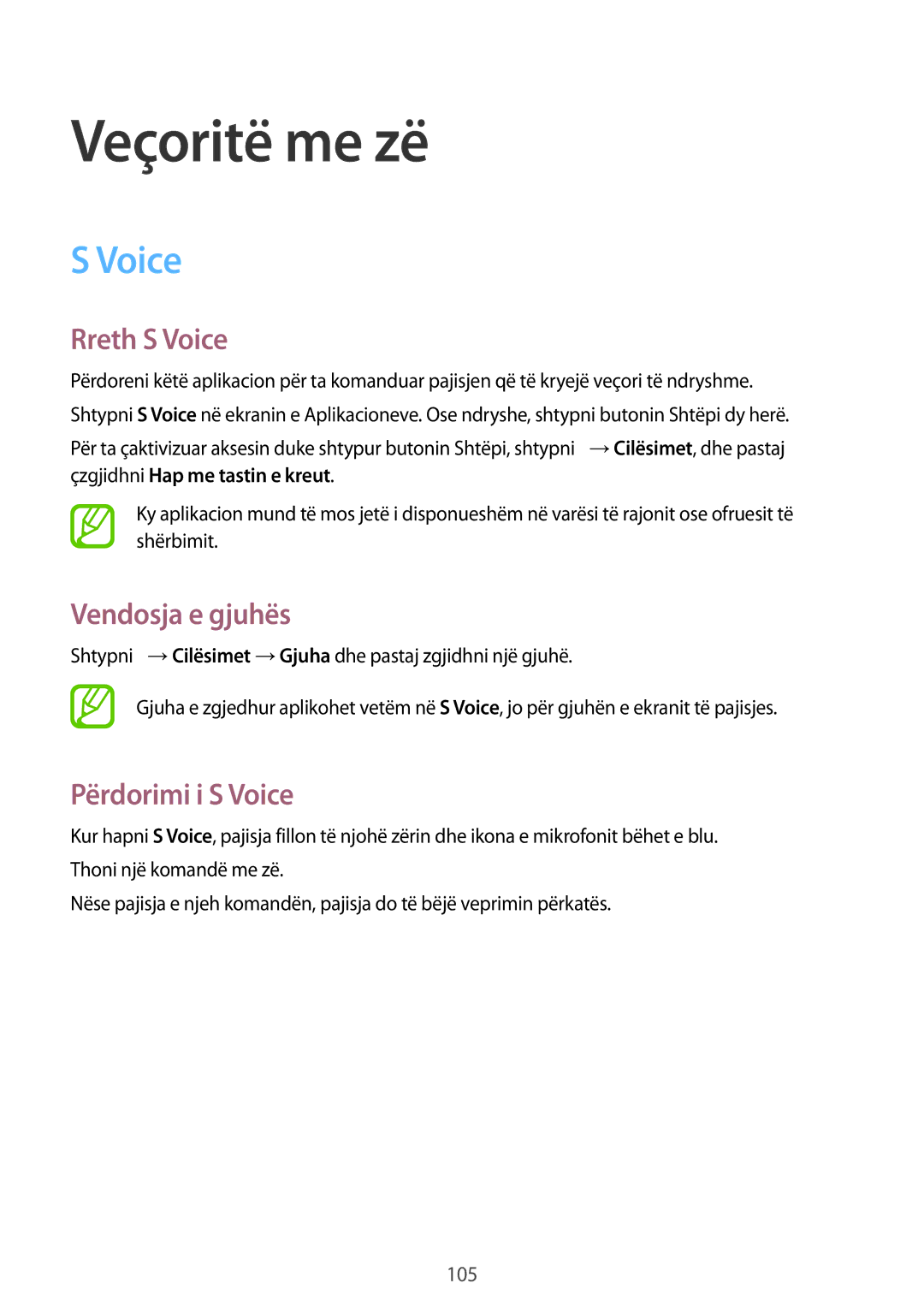 Samsung SM-G900FZDASEE, SM2G900FZKAMSR manual Veçoritë me zë, Rreth S Voice, Vendosja e gjuhës, Përdorimi i S Voice 