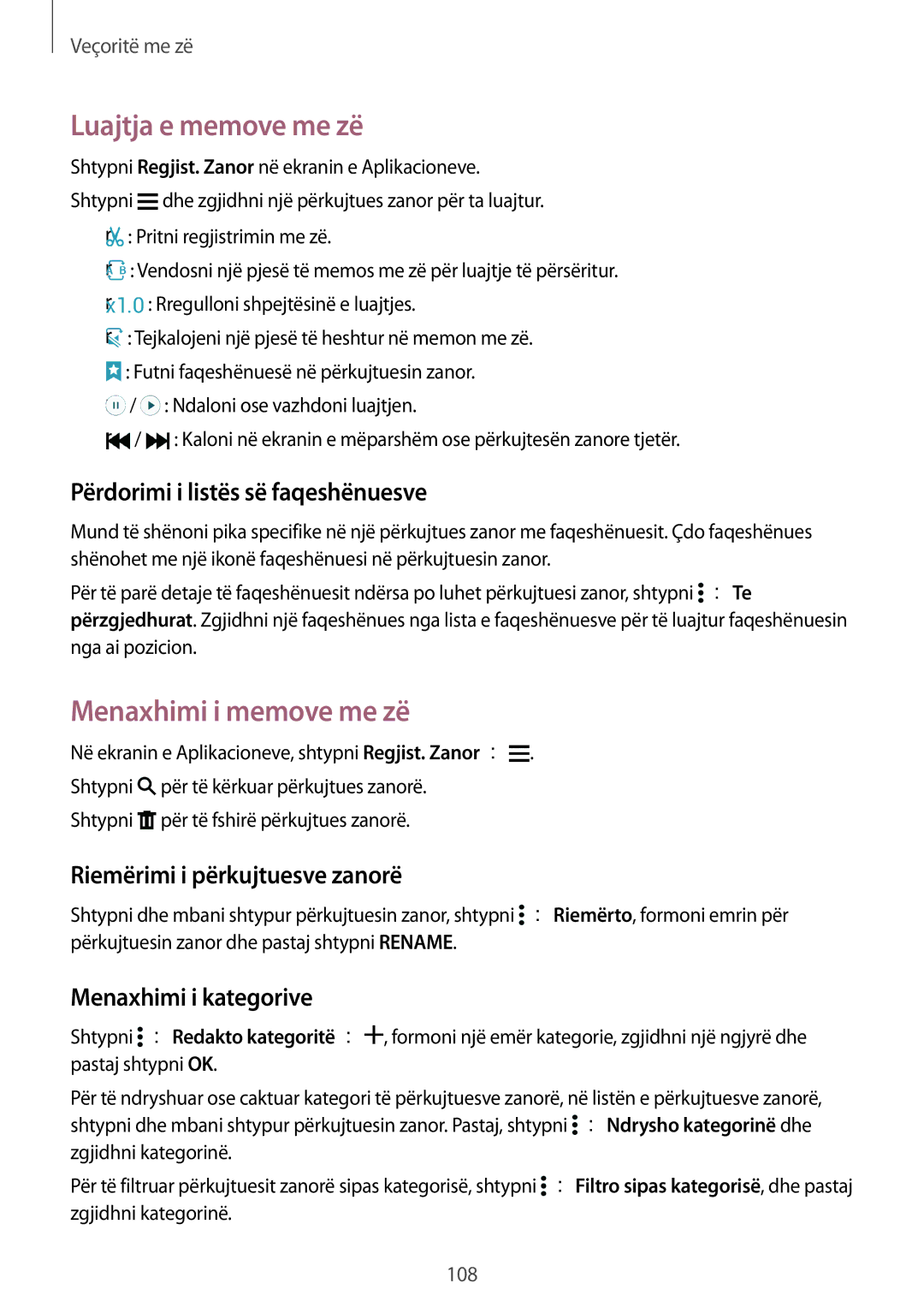 Samsung SM-G900FZWATEB manual Luajtja e memove me zë, Menaxhimi i memove me zë, Përdorimi i listës së faqeshënuesve 