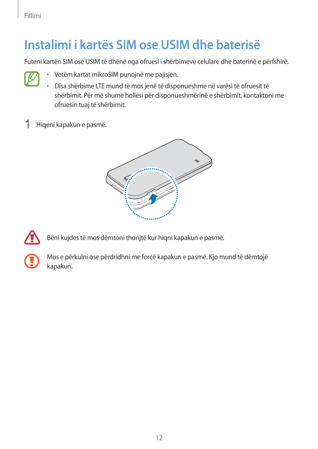 Samsung SM-G900FZWATSR, SM2G900FZKAMSR, SM2G900FZKATSR, SM-G900FZDAAVF manual Instalimi i kartës SIM ose Usim dhe baterisë 