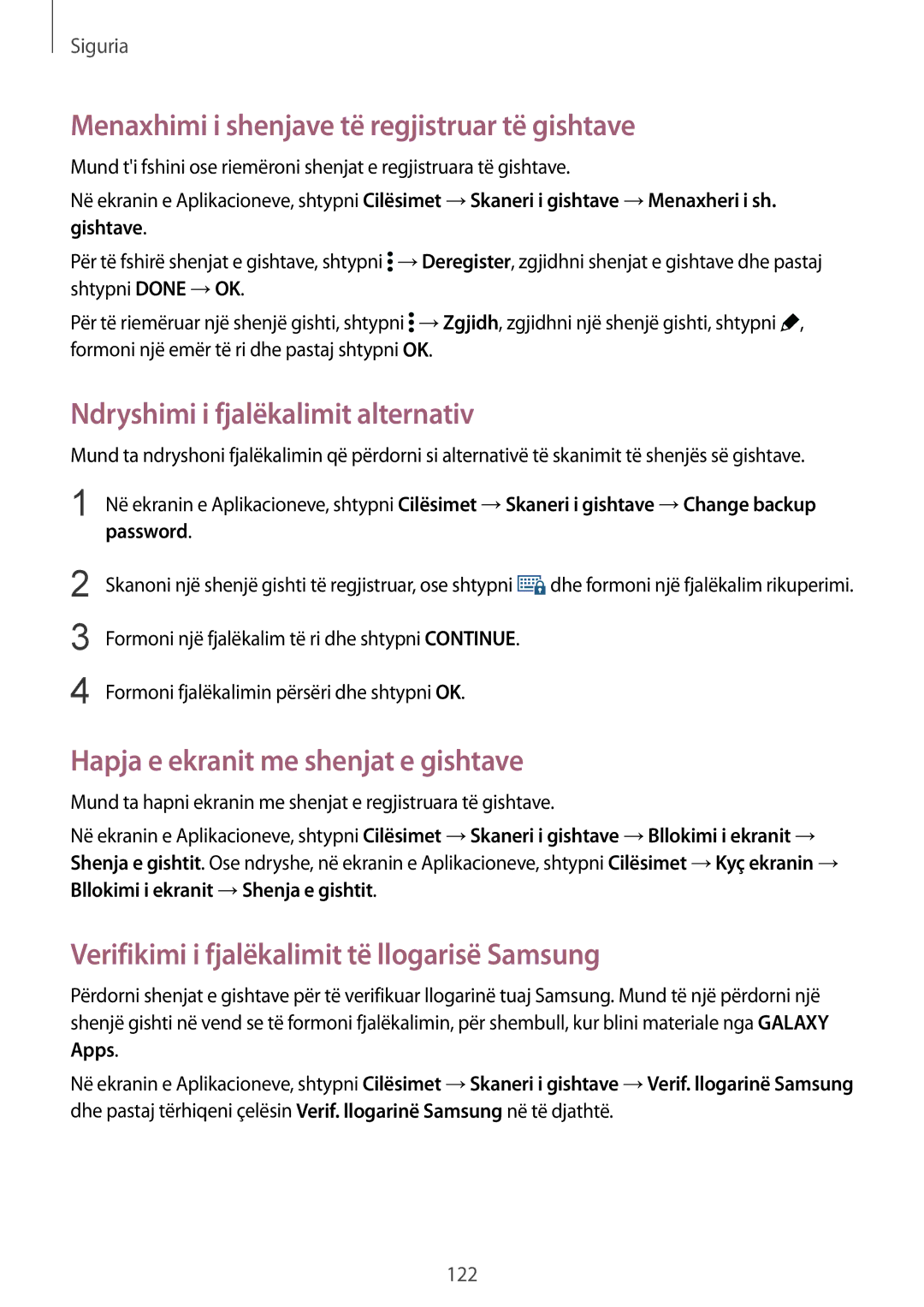 Samsung SM-G900FZKATEB manual Menaxhimi i shenjave të regjistruar të gishtave, Ndryshimi i fjalëkalimit alternativ 