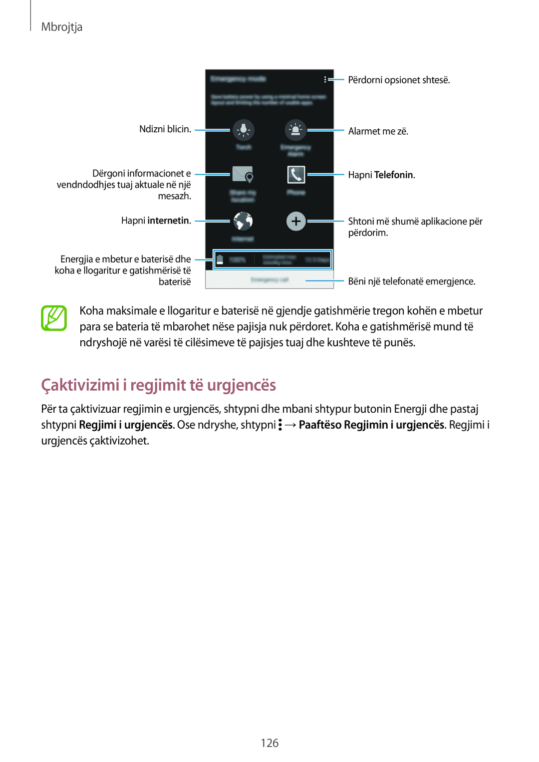 Samsung SM-G900FZBATSR, SM2G900FZKAMSR, SM2G900FZKATSR, SM-G900FZDAAVF manual Çaktivizimi i regjimit të urgjencës, Mbrojtja 