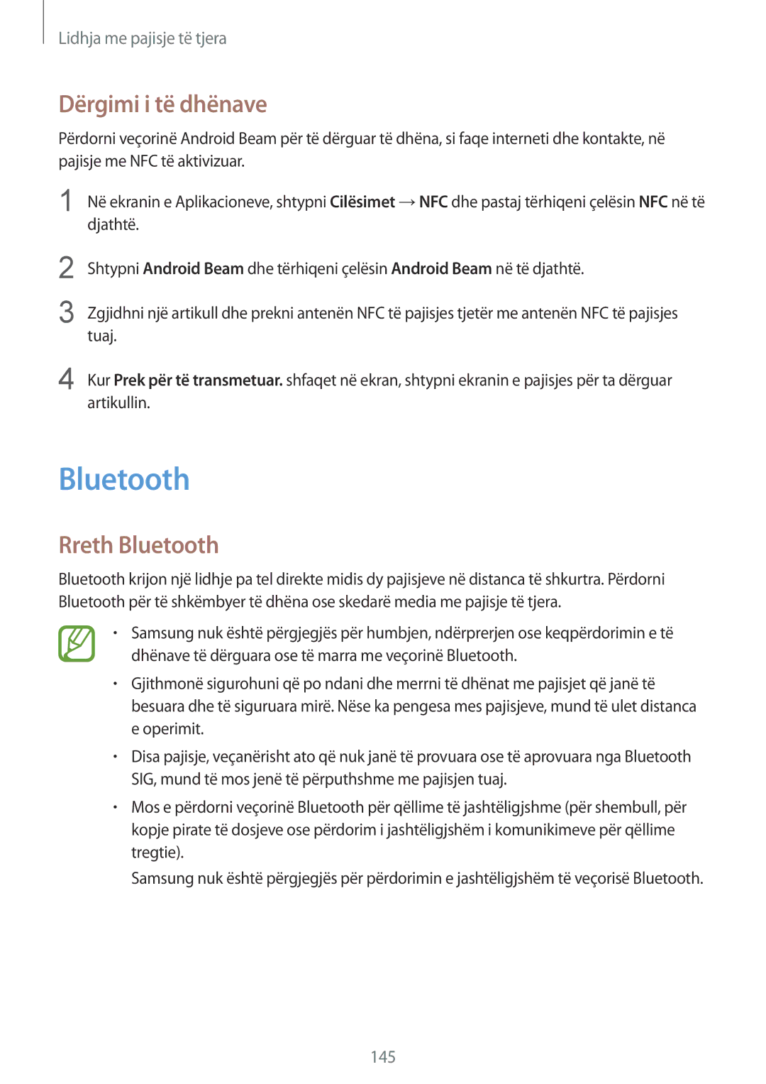 Samsung SM2G900FZWATSR, SM2G900FZKAMSR, SM2G900FZKATSR, SM-G900FZDAAVF manual Dërgimi i të dhënave, Rreth Bluetooth 