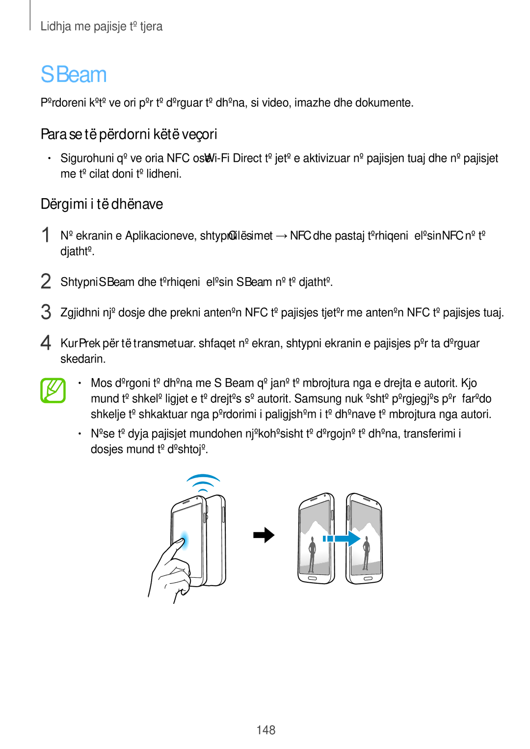 Samsung SM-G900FZBAAVF manual Dërgimi i të dhënave, Djathtë, Shtypni S Beam dhe tërhiqeni çelësin S Beam në të djathtë 