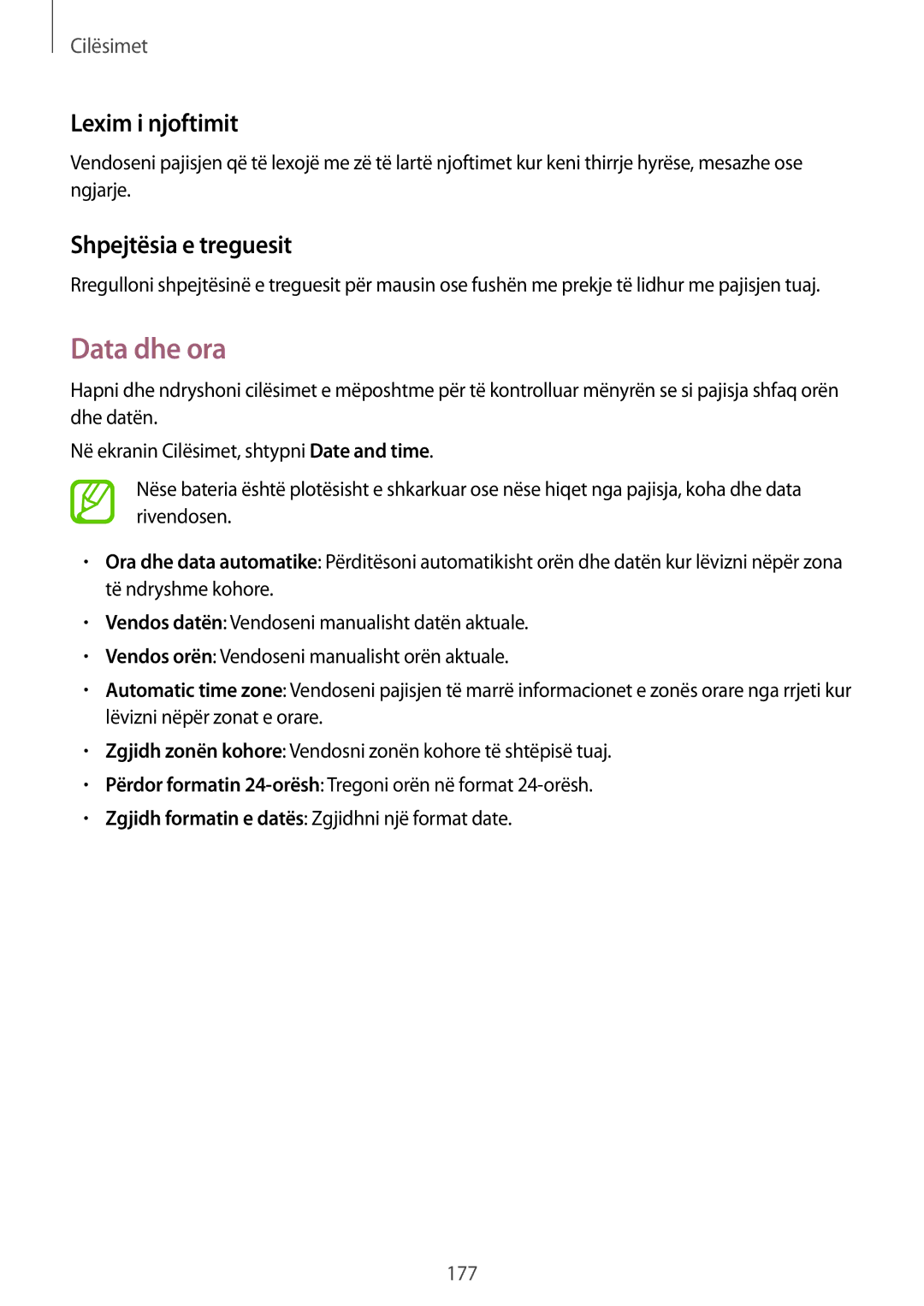 Samsung SM-G900FZDATEB, SM2G900FZKAMSR, SM2G900FZKATSR manual Data dhe ora, Lexim i njoftimit, Shpejtësia e treguesit 