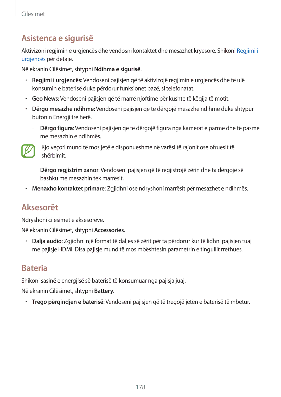 Samsung SM-G900FZKATEB, SM2G900FZKAMSR, SM2G900FZKATSR, SM-G900FZDAAVF manual Asistenca e sigurisë, Aksesorët, Bateria 