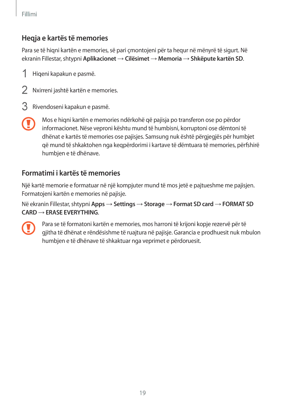 Samsung SM-G900FZWASEE, SM2G900FZKAMSR, SM2G900FZKATSR manual Heqja e kartës të memories, Formatimi i kartës të memories 