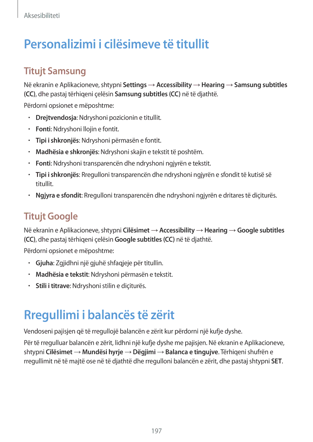 Samsung SM2G900FZKATSR manual Personalizimi i cilësimeve të titullit, Rregullimi i balancës të zërit, Titujt Samsung 