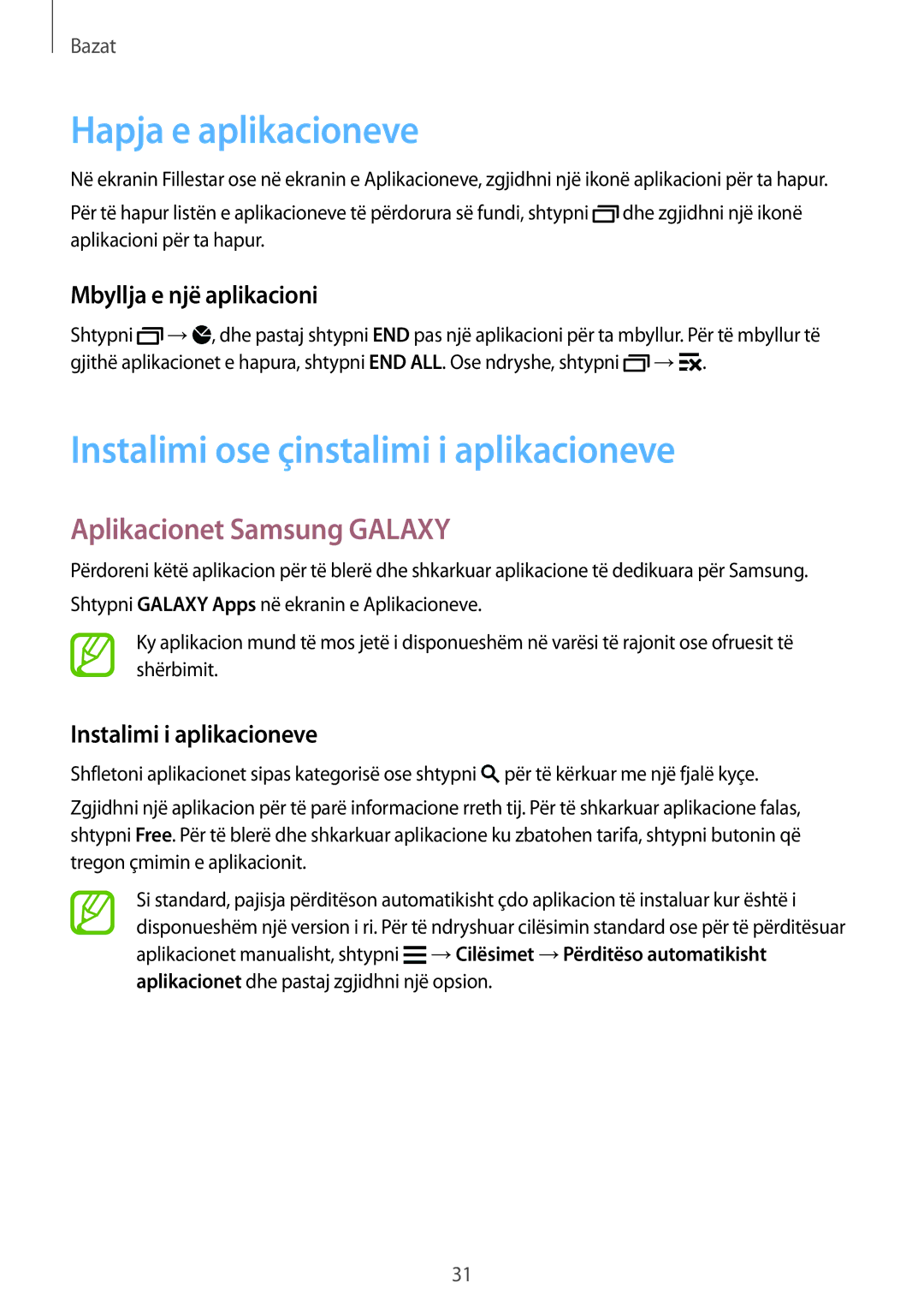 Samsung SM-G900FZWATOP manual Hapja e aplikacioneve, Instalimi ose çinstalimi i aplikacioneve, Aplikacionet Samsung Galaxy 