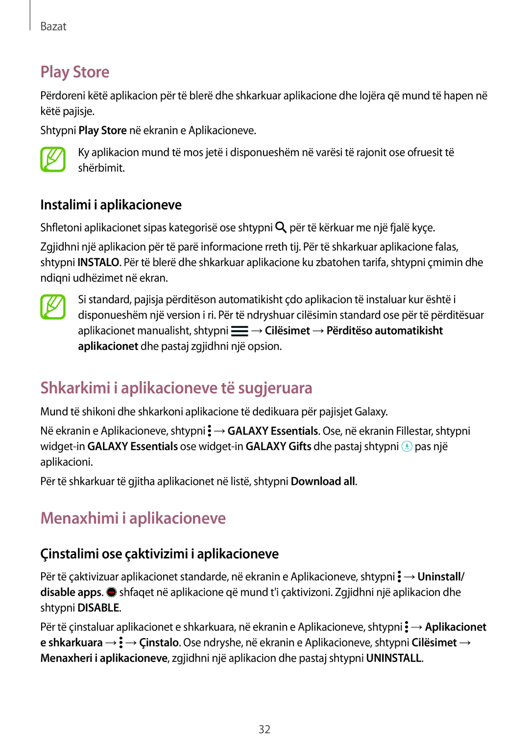 Samsung SM2G900FZWATOP, SM2G900FZKAMSR manual Play Store, Shkarkimi i aplikacioneve të sugjeruara, Menaxhimi i aplikacioneve 