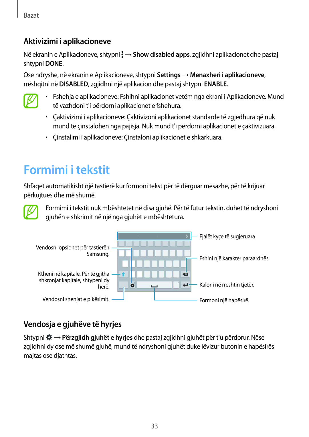 Samsung SM2G900FZWATSR, SM2G900FZKAMSR manual Formimi i tekstit, Aktivizimi i aplikacioneve, Vendosja e gjuhëve të hyrjes 