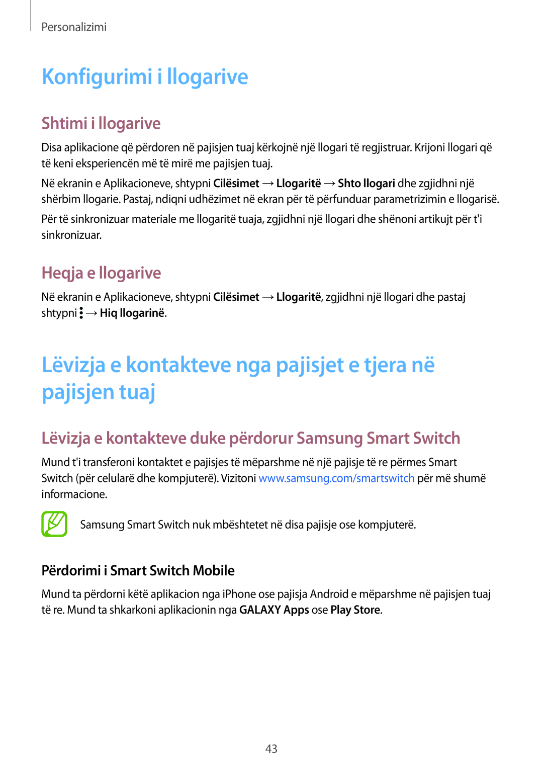 Samsung SM-G900FZWAAVF, SM2G900FZKAMSR Konfigurimi i llogarive, Lëvizja e kontakteve nga pajisjet e tjera në pajisjen tuaj 