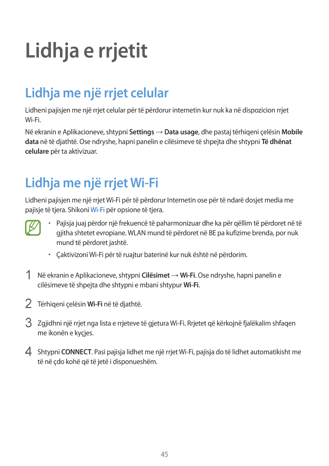 Samsung SM2G900FZKATOP, SM2G900FZKAMSR manual Lidhja e rrjetit, Lidhja me një rrjet celular, Lidhja me një rrjet Wi-Fi 