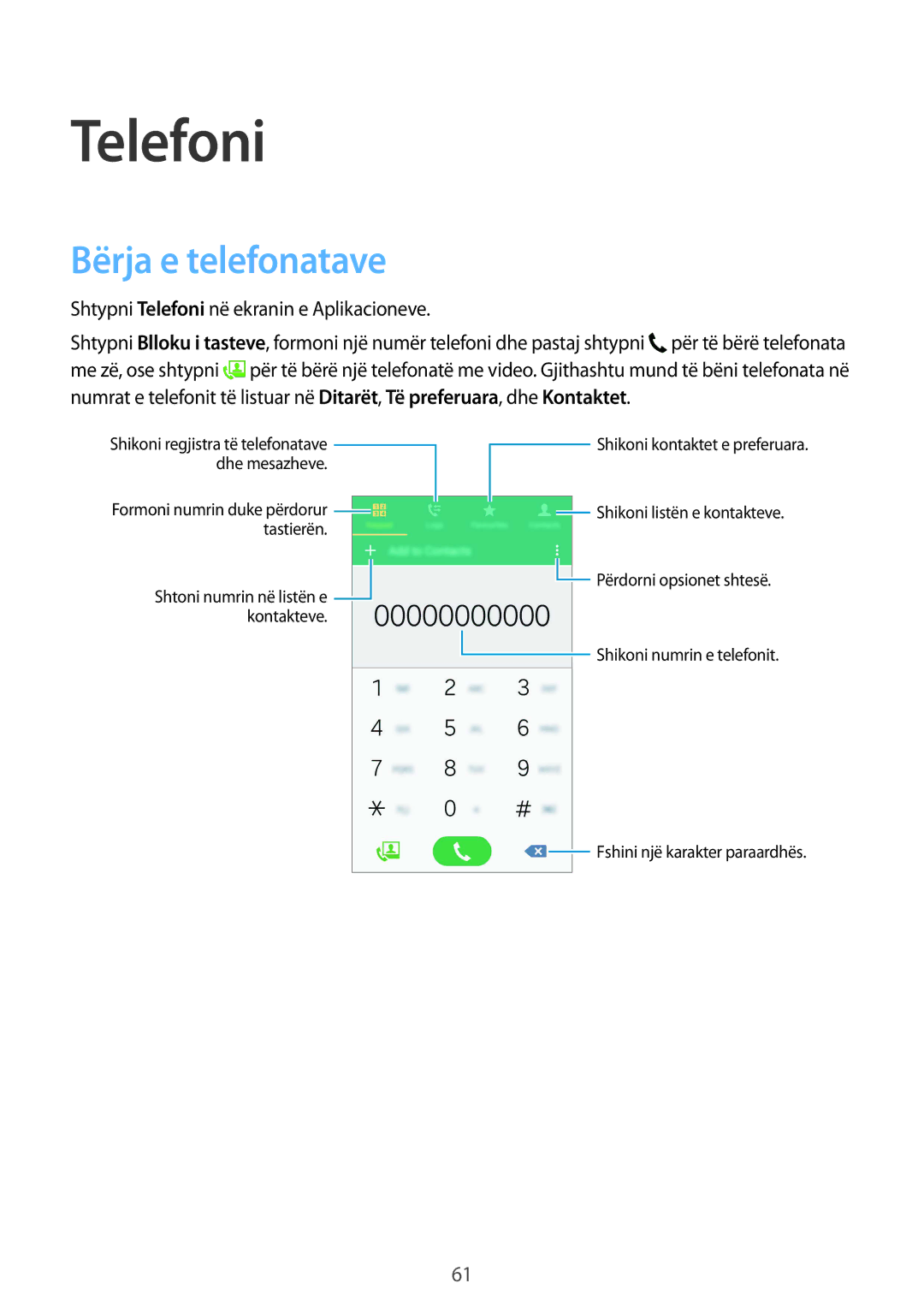 Samsung SM2G900FZWATSR, SM2G900FZKAMSR manual Bërja e telefonatave, Shtypni Telefoni në ekranin e Aplikacioneve 