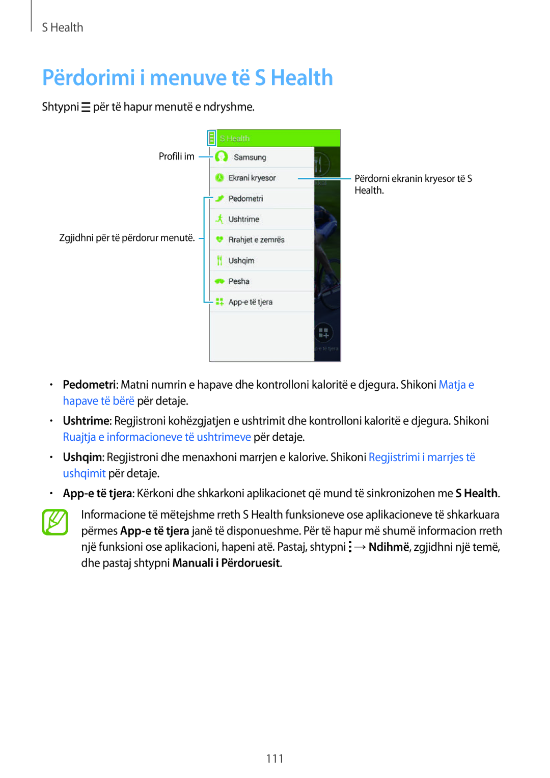 Samsung SM-G900FZDATSR, SM2G900FZKAMSR manual Përdorimi i menuve të S Health, Shtypni për të hapur menutë e ndryshme 