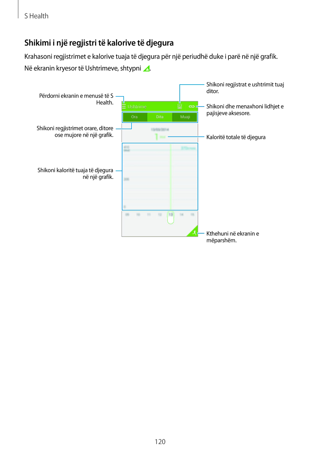 Samsung SM-G900FZBAAVF manual Shikimi i një regjistri të kalorive të djegura, Në ekranin kryesor të Ushtrimeve, shtypni 