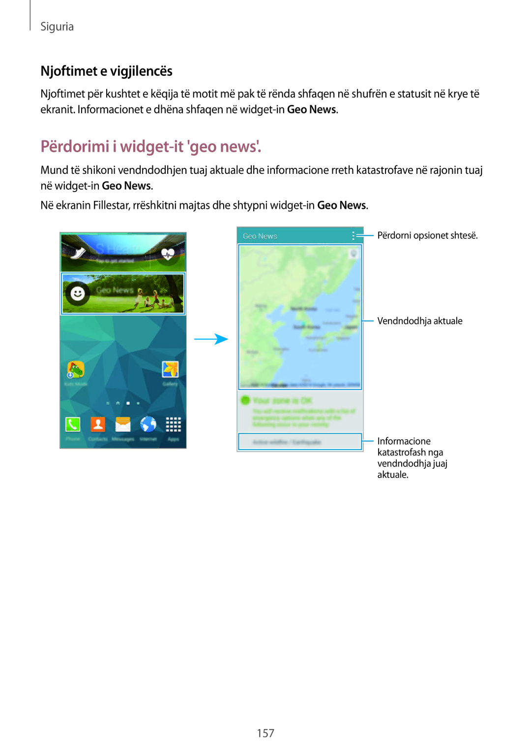 Samsung SM2G900FZKATOP, SM2G900FZKAMSR, SM2G900FZKATSR manual Përdorimi i widget-it geo news, Njoftimet e vigjilencës 