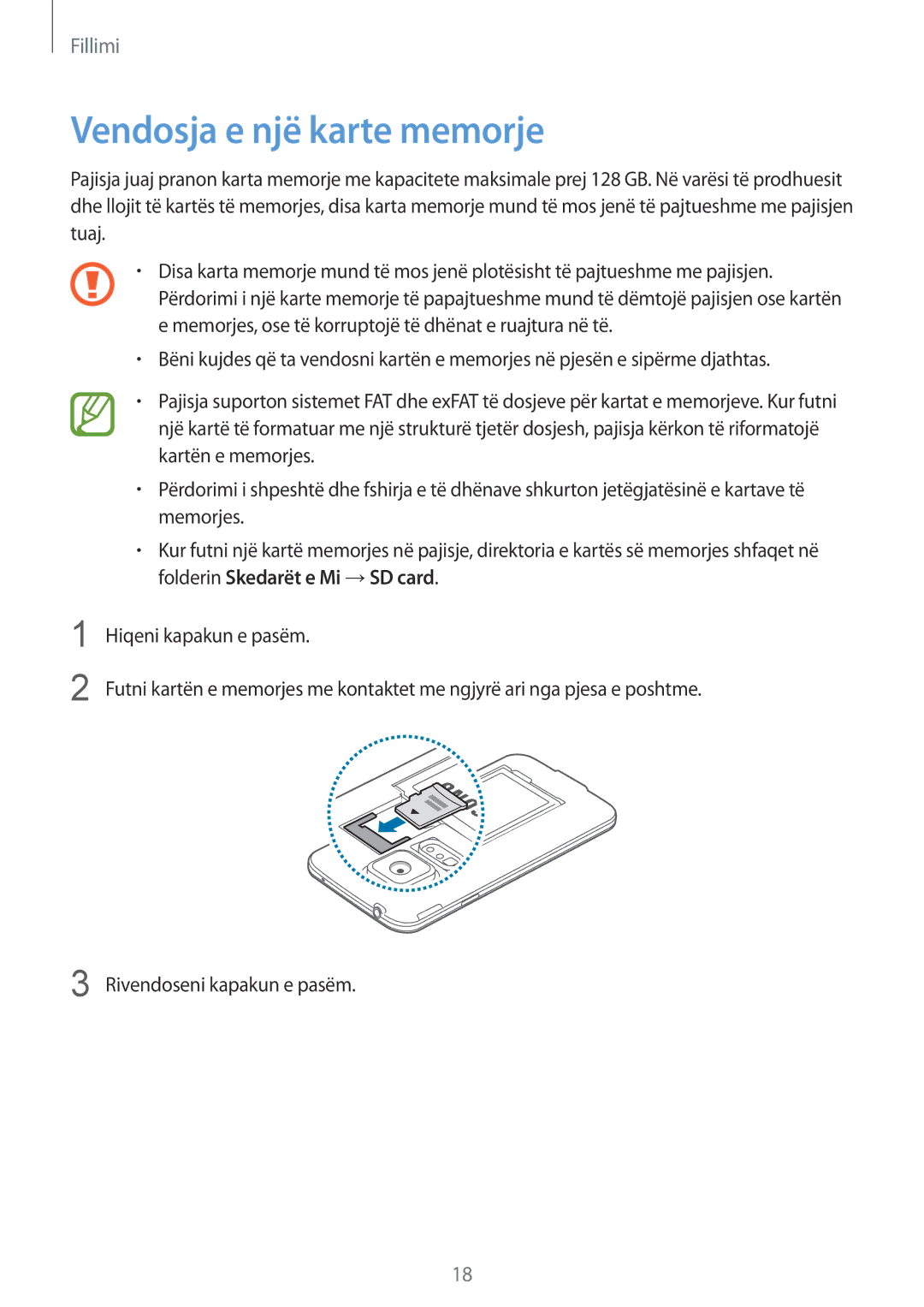 Samsung SM2G900FZWAMSR, SM2G900FZKAMSR, SM2G900FZKATSR, SM-G900FZDAAVF, SM-G900FZWATOP manual Vendosja e një karte memorje 