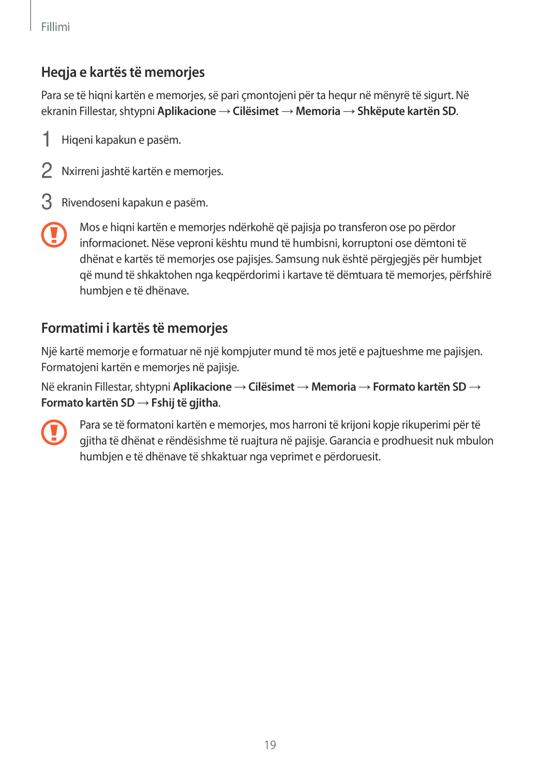 Samsung SM-G900FZWASEE, SM2G900FZKAMSR, SM2G900FZKATSR manual Heqja e kartës të memorjes, Formatimi i kartës të memorjes 