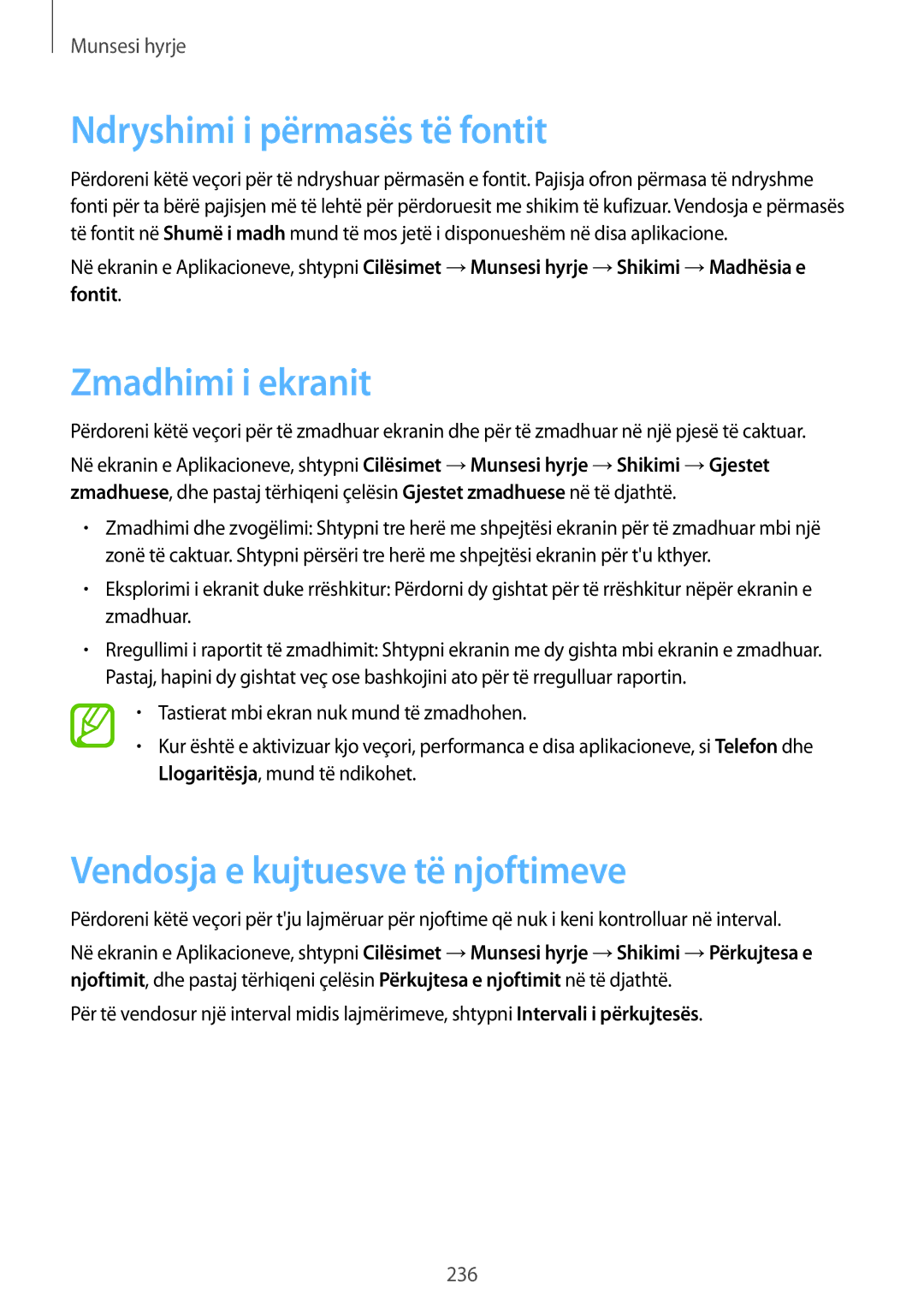 Samsung SM-G900FZWATSR manual Ndryshimi i përmasës të fontit, Zmadhimi i ekranit, Vendosja e kujtuesve të njoftimeve 