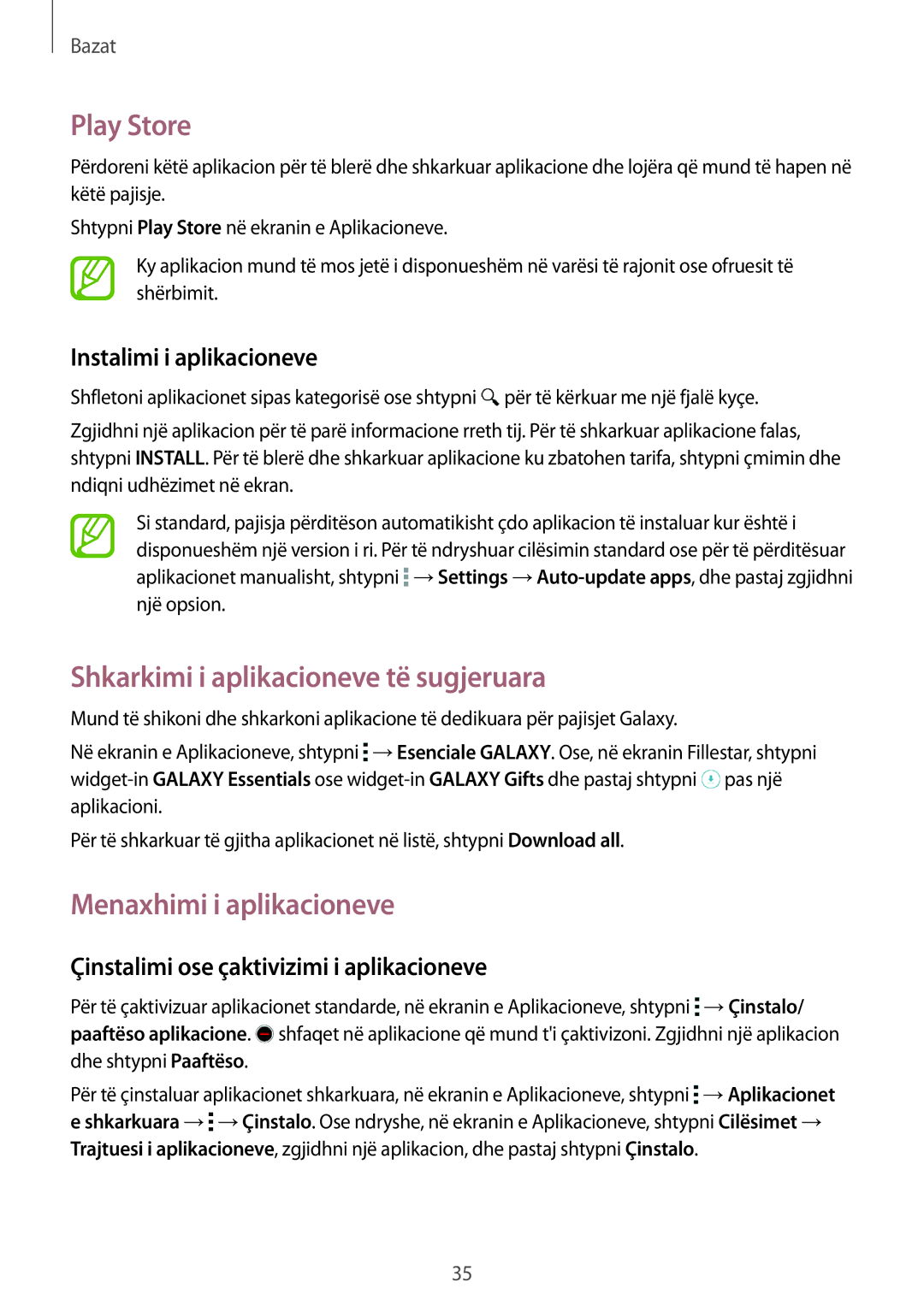 Samsung SM-G900FZKATOP, SM2G900FZKAMSR manual Play Store, Shkarkimi i aplikacioneve të sugjeruara, Menaxhimi i aplikacioneve 