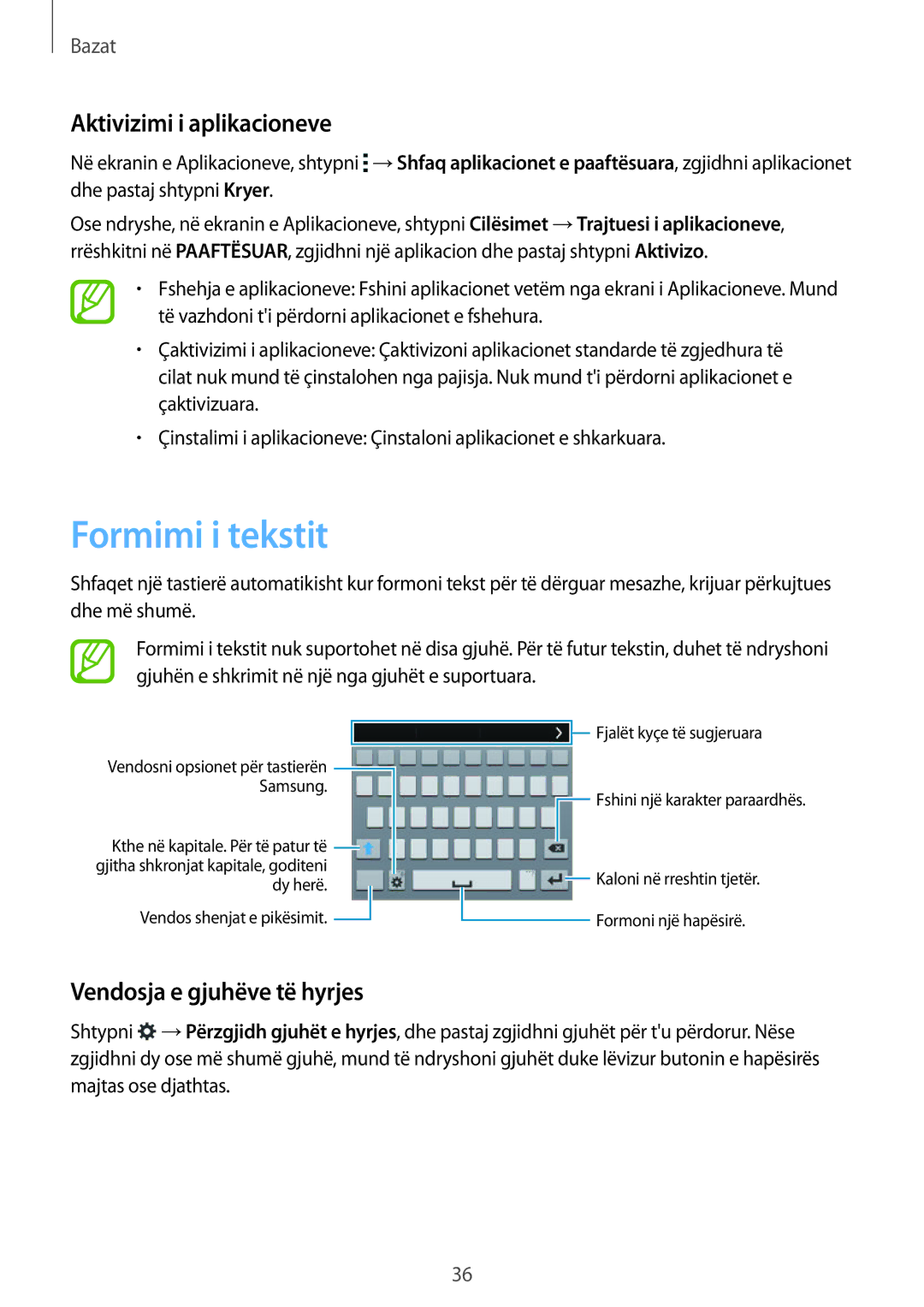 Samsung SM-G900FZBAAVF, SM2G900FZKAMSR manual Formimi i tekstit, Aktivizimi i aplikacioneve, Vendosja e gjuhëve të hyrjes 