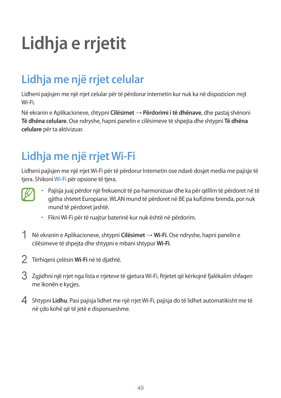 Samsung SM-G900FZDASEE, SM2G900FZKAMSR manual Lidhja e rrjetit, Lidhja me një rrjet celular, Lidhja me një rrjet Wi-Fi 