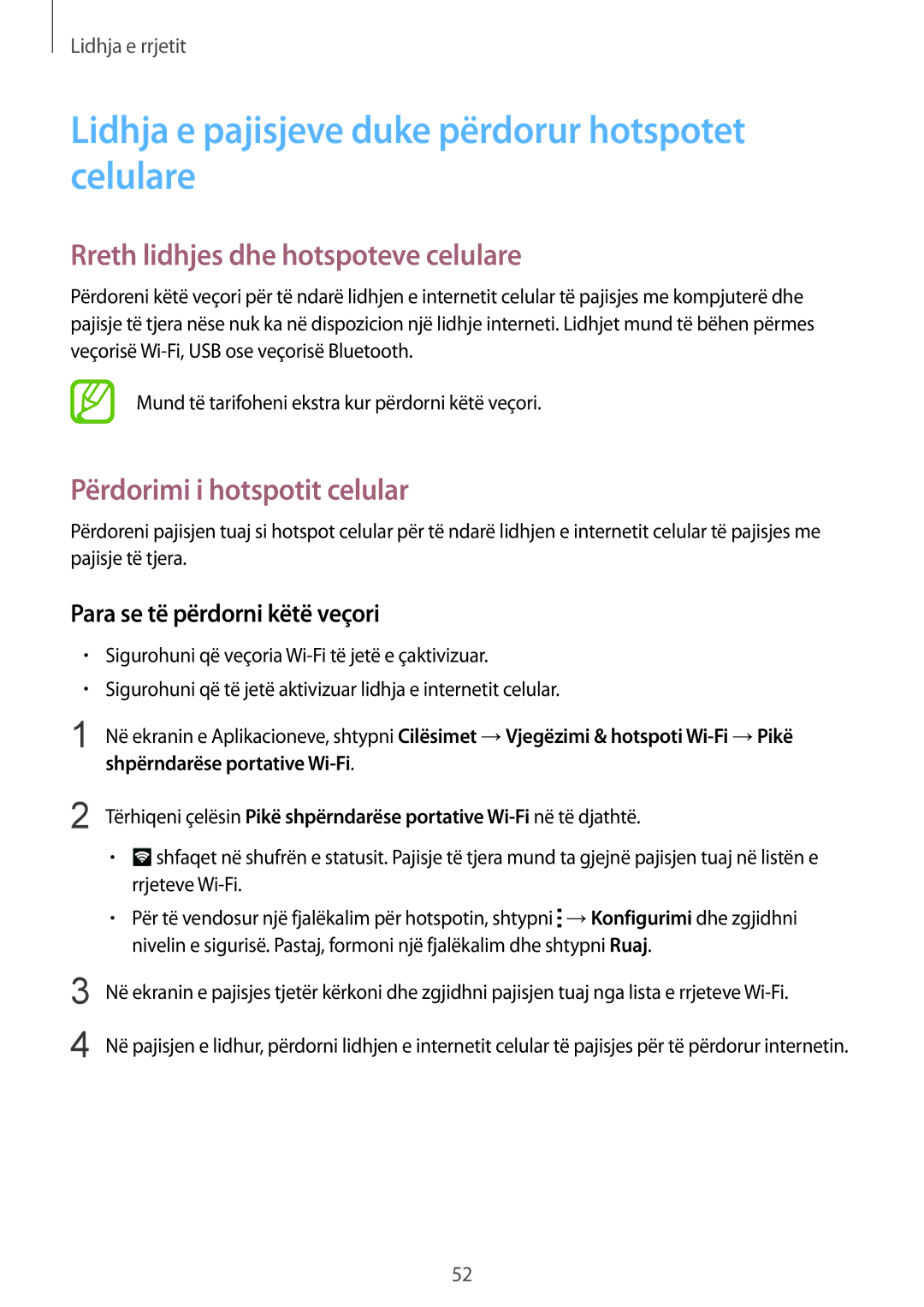 Samsung SM-G900FZWATEB manual Lidhja e pajisjeve duke përdorur hotspotet celulare, Rreth lidhjes dhe hotspoteve celulare 