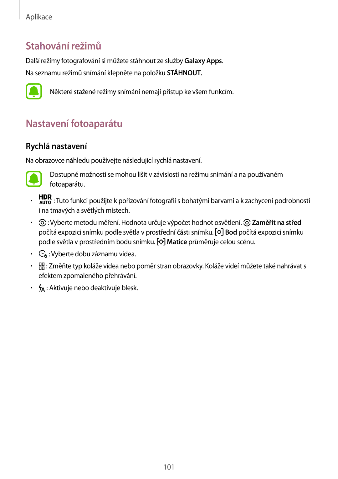 Samsung SM-G928FZDAPRT, SM2G928FZKAETL, SM-G928FZDACOS manual Stahování režimů, Nastavení fotoaparátu, Rychlá nastavení 