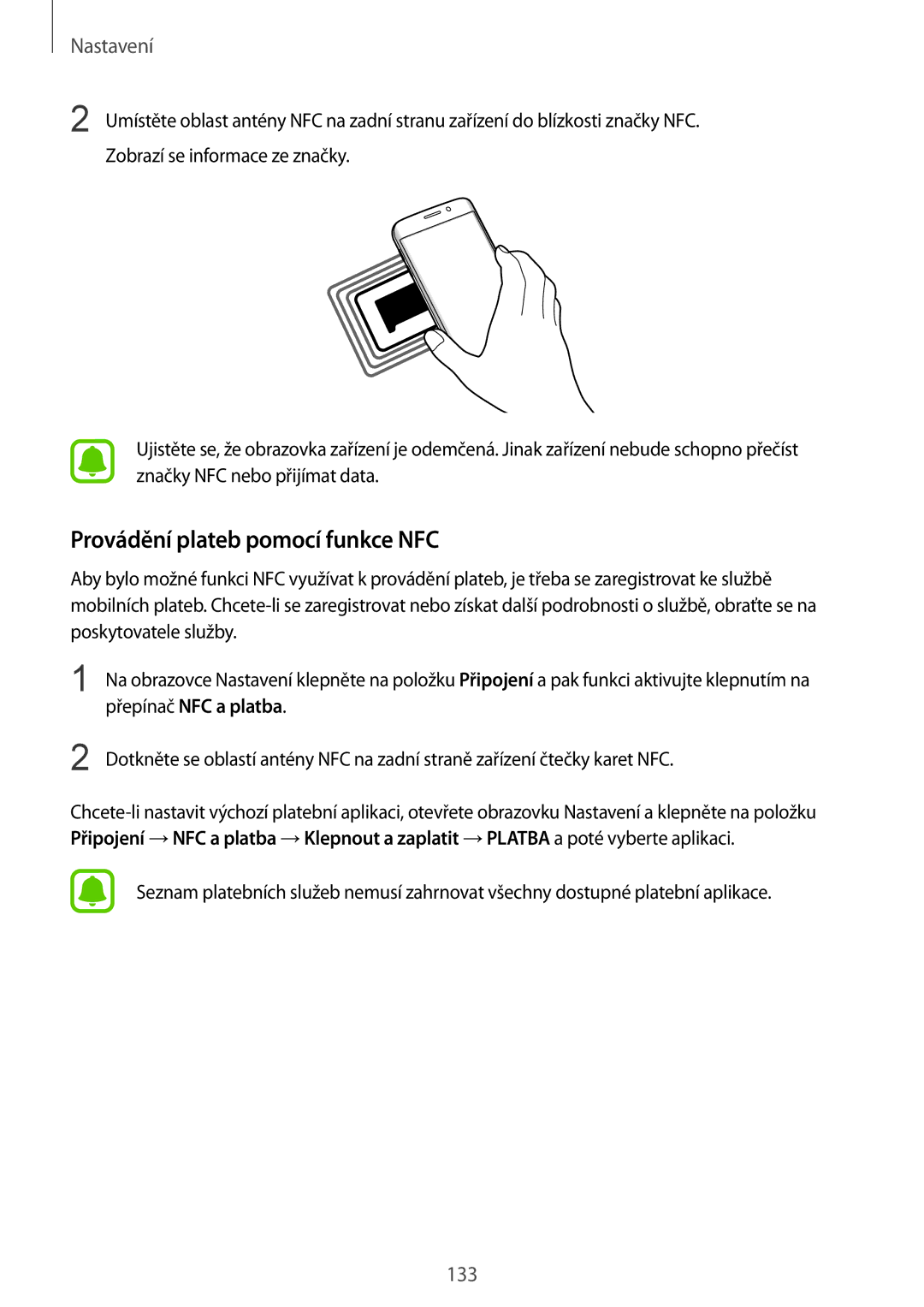 Samsung SM-G928FZDACOS, SM2G928FZKAETL, SM-G928FZSAXEH manual Provádění plateb pomocí funkce NFC, Přepínač NFC a platba 