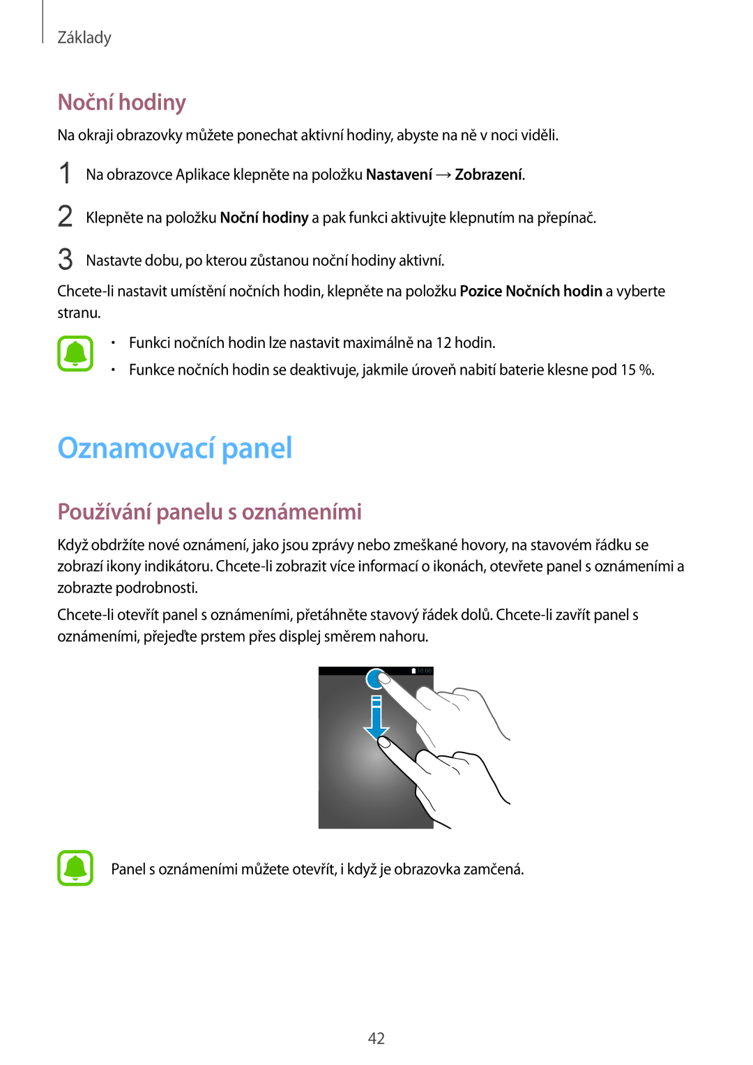 Samsung SM-G928FZDAPAN, SM2G928FZKAETL, SM-G928FZDACOS manual Oznamovací panel, Noční hodiny, Používání panelu s oznámeními 