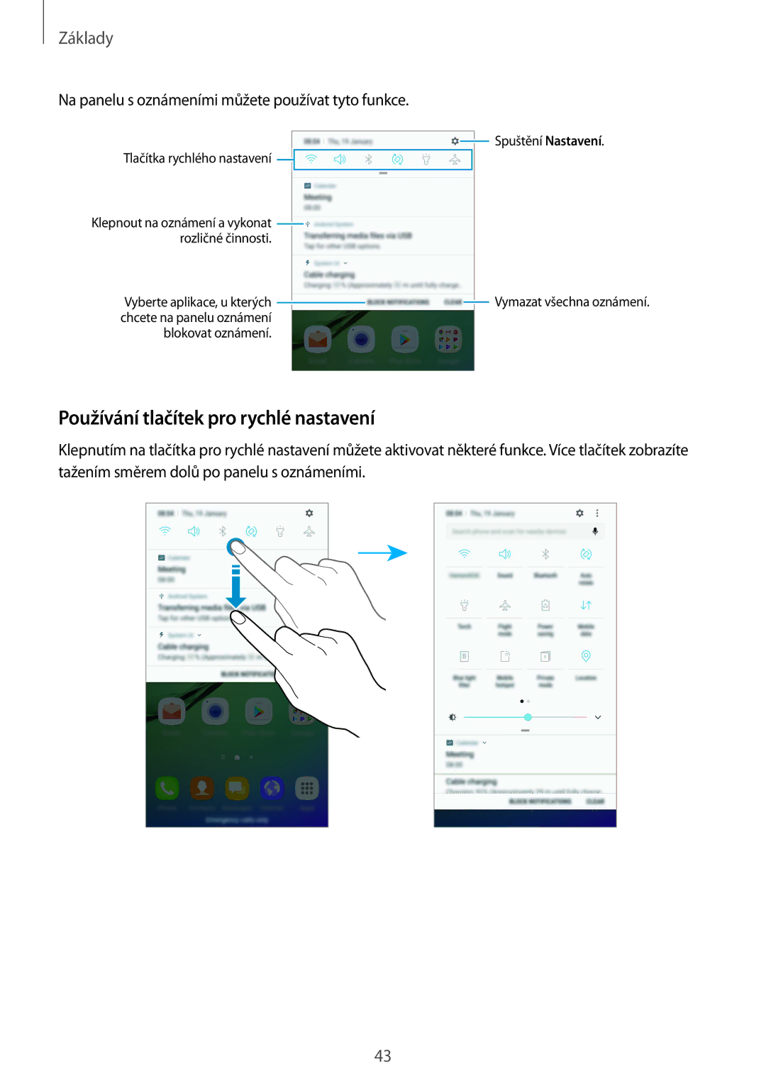 Samsung SM-G928FZDACYO manual Používání tlačítek pro rychlé nastavení, Na panelu s oznámeními můžete používat tyto funkce 