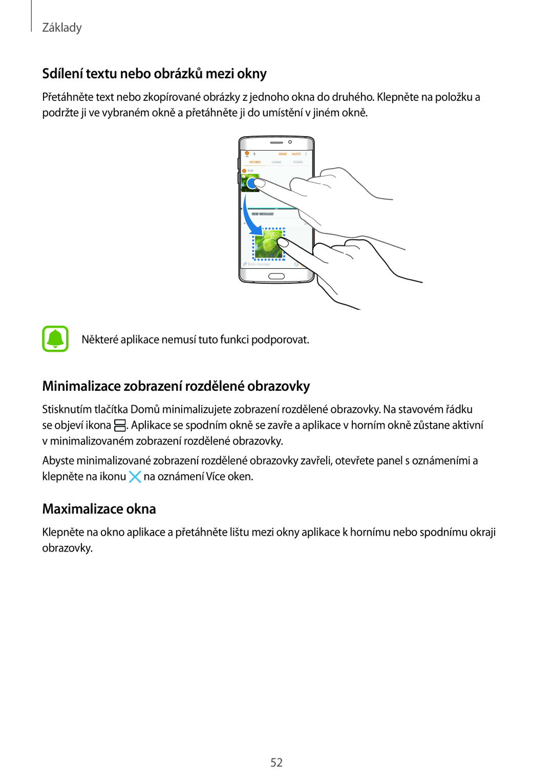 Samsung SM2G928FZDATMH Sdílení textu nebo obrázků mezi okny, Minimalizace zobrazení rozdělené obrazovky, Maximalizace okna 