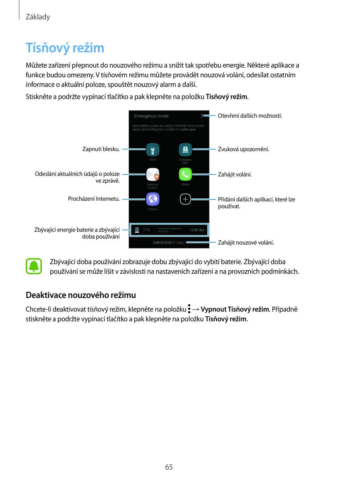 Samsung SM-G928FZDAVDH, SM2G928FZKAETL, SM-G928FZDACOS, SM-G928FZSAXEH manual Tísňový režim, Deaktivace nouzového režimu 