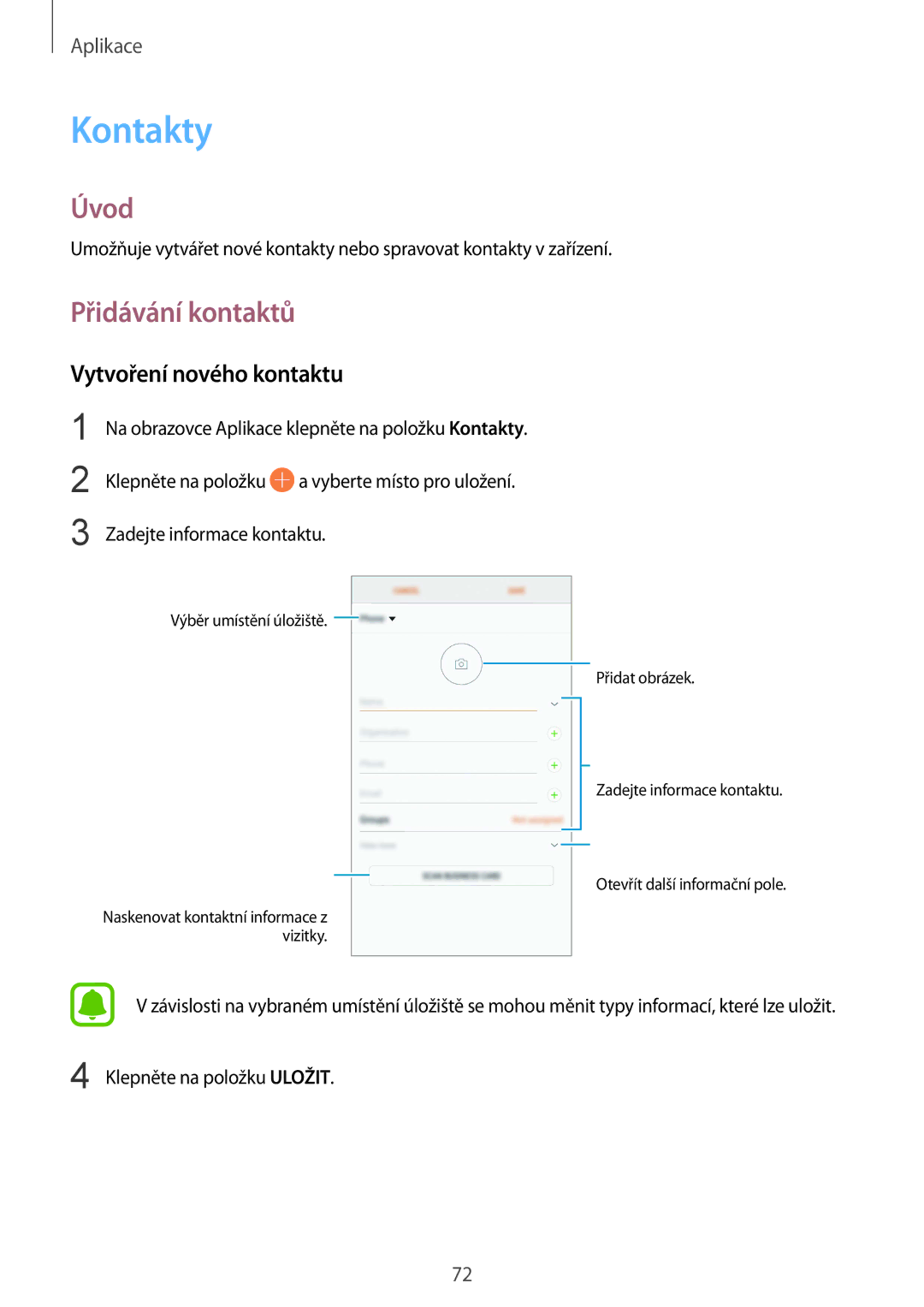 Samsung SM-G928FZKAPAN, SM2G928FZKAETL, SM-G928FZDACOS manual Kontakty, Přidávání kontaktů, Vytvoření nového kontaktu 