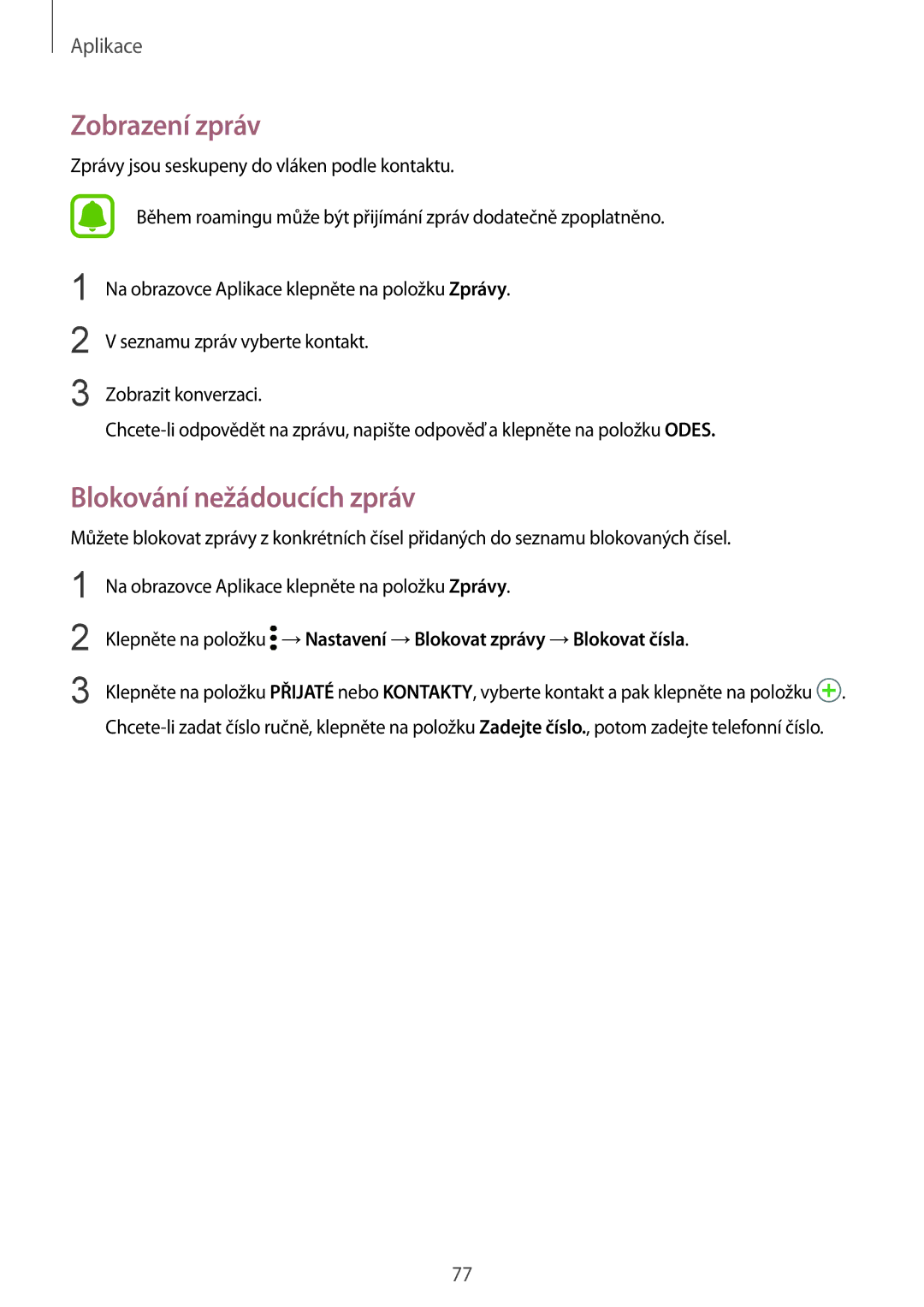 Samsung SM2G928FZKETMZ, SM2G928FZKAETL, SM-G928FZDACOS, SM-G928FZSAXEH manual Zobrazení zpráv, Blokování nežádoucích zpráv 