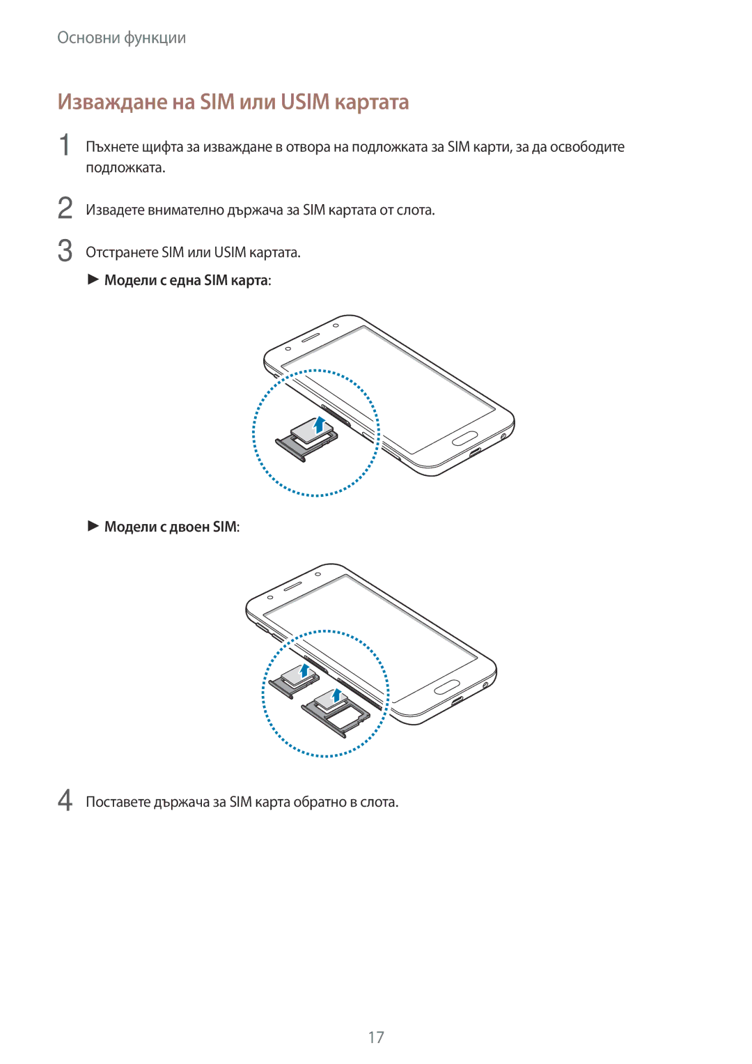 Samsung SM-J330FZSDROM, SM2J330FZDNBGL, SM2J330FZKNBGL, SM-J330FZKDROM, SM-J330FZDDROM manual Изваждане на SIM или Usim картата 