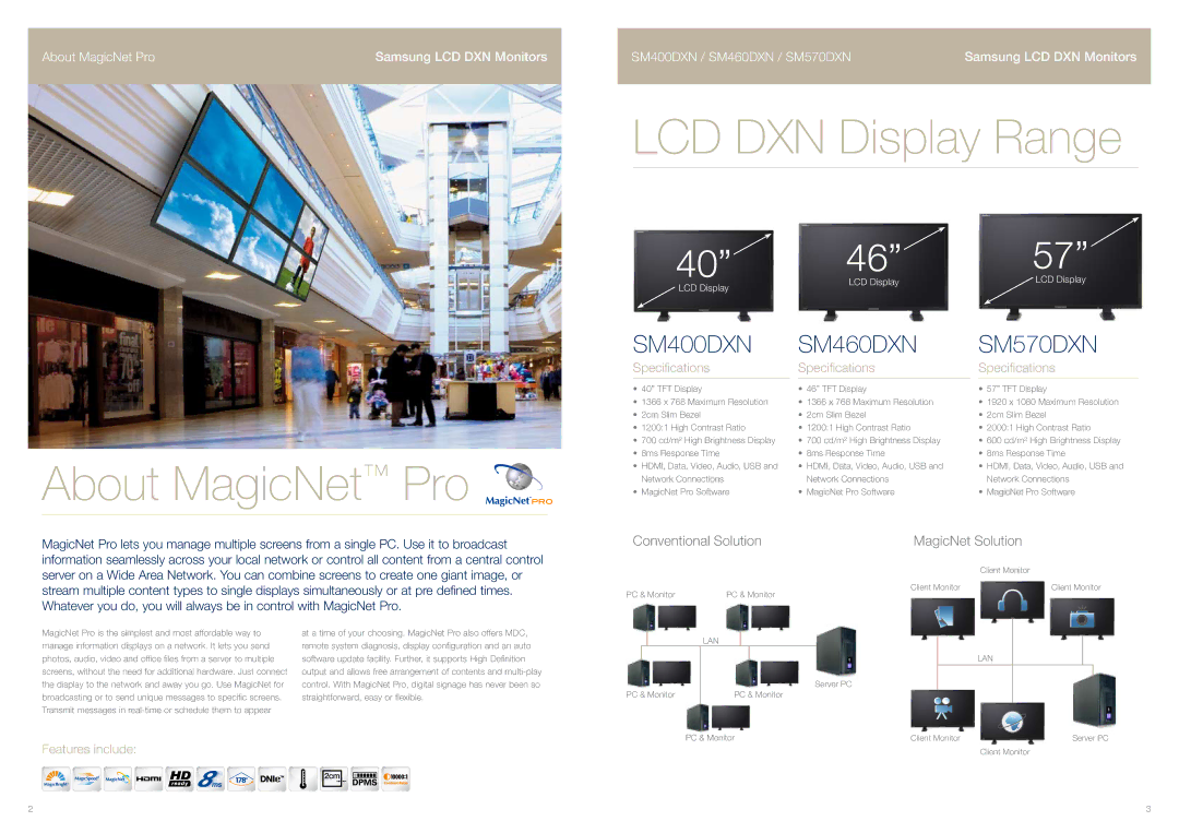 Samsung SM460DXN manual About MagicNet Pro, LCD DXN Display Range, Specifications, Features include 