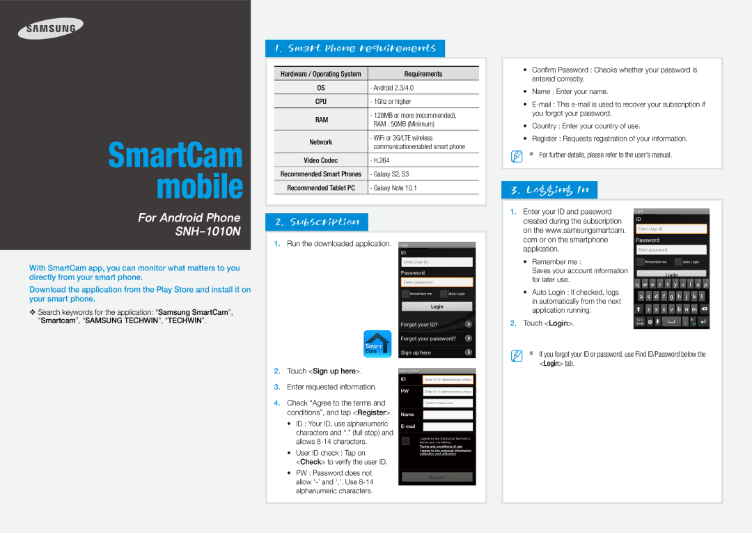 Samsung SNH-1010N, SmartCam mobile user manual Smart phone requirements, Subscription, Logging 