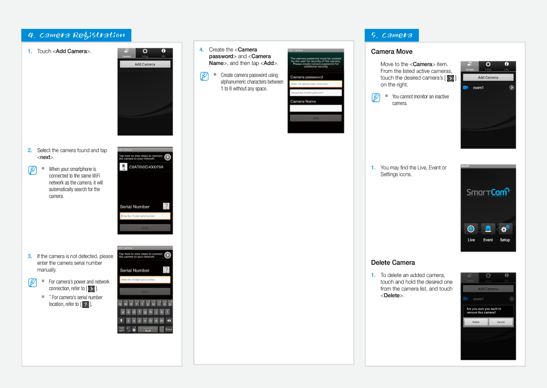 Samsung SmartCam mobile, SNH-1010N user manual Camera Registration, Camera Move, Delete Camera 