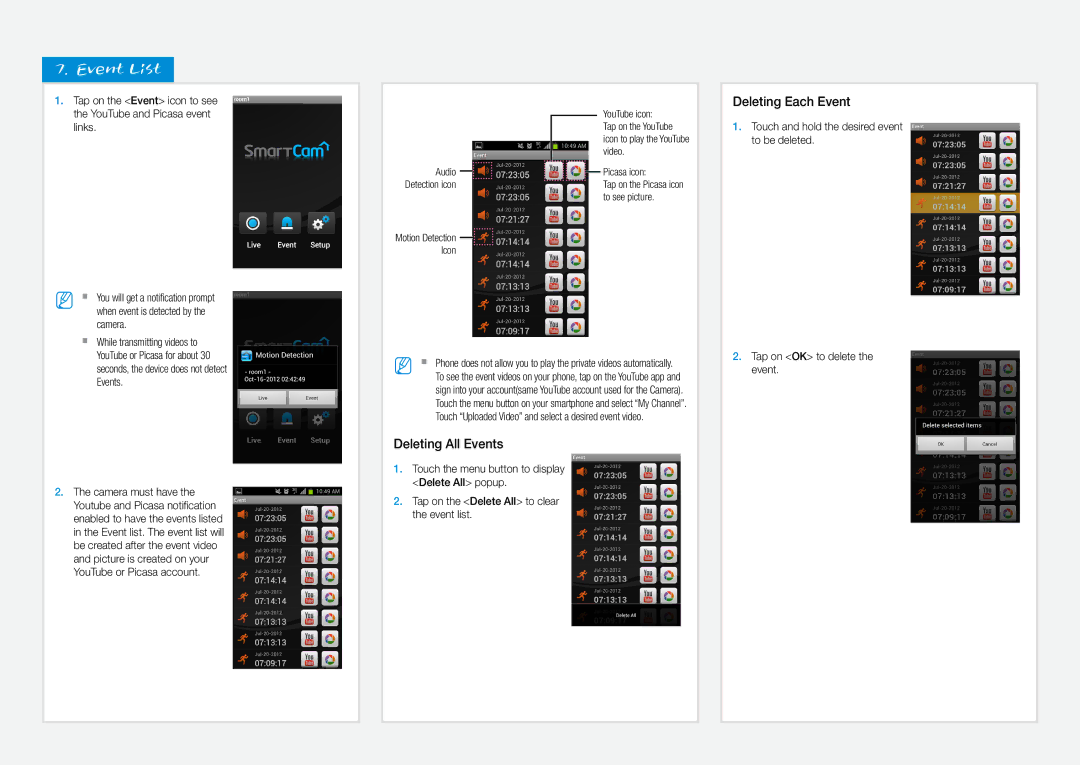 Samsung SmartCam mobile, SNH-1010N user manual Event List, Deleting All Events, Deleting Each Event, Events.` 