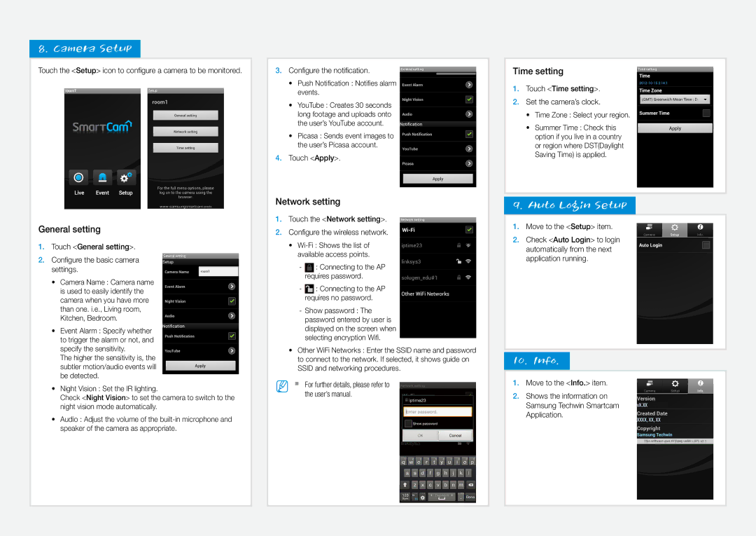 Samsung SNH-1010N, SmartCam mobile user manual Camera Setup, Auto Login Setup, Info 