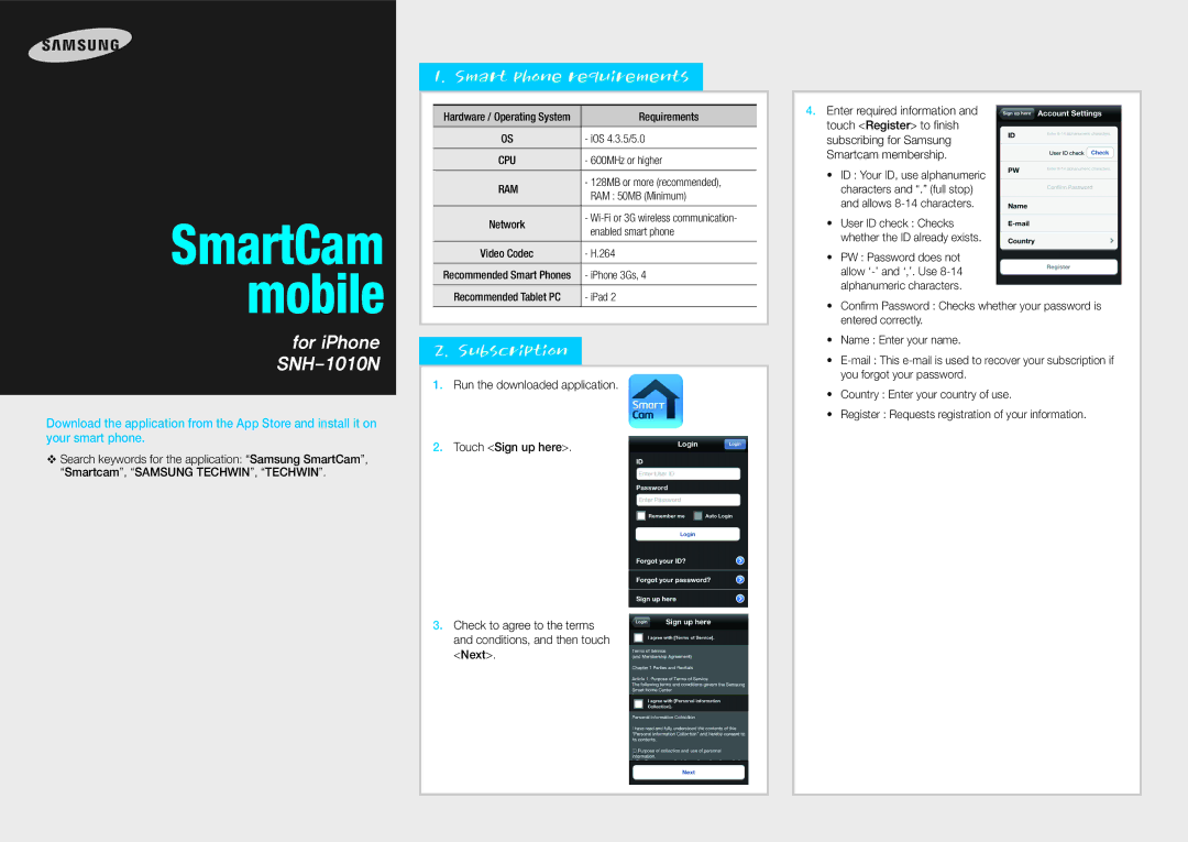 Samsung SNH-1010N, SmartCam mobile manual Smart phone requirements, Subscription 