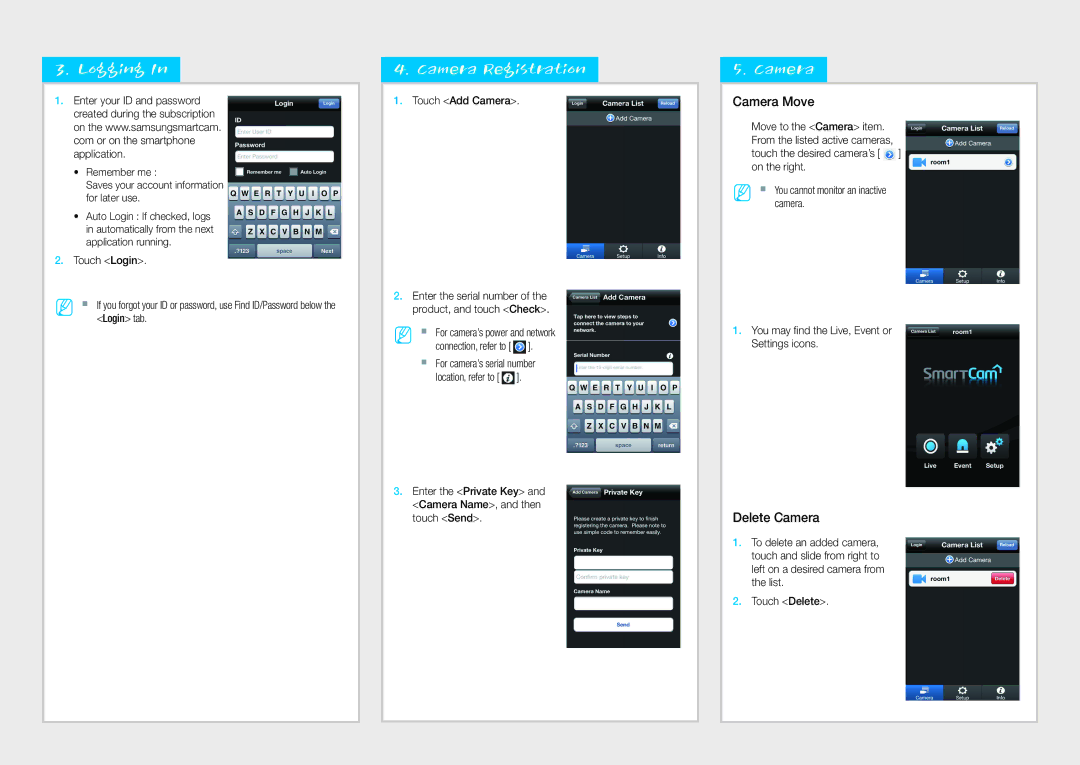 Samsung SmartCam mobile, SNH-1010N manual Logging, Camera Registration, Camera Move, Delete Camera 