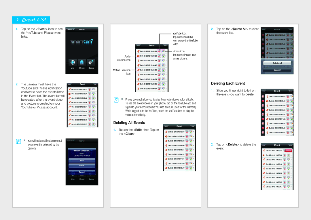 Samsung SmartCam mobile, SNH-1010N manual Event List, Deleting Each Event, Deleting All Events 